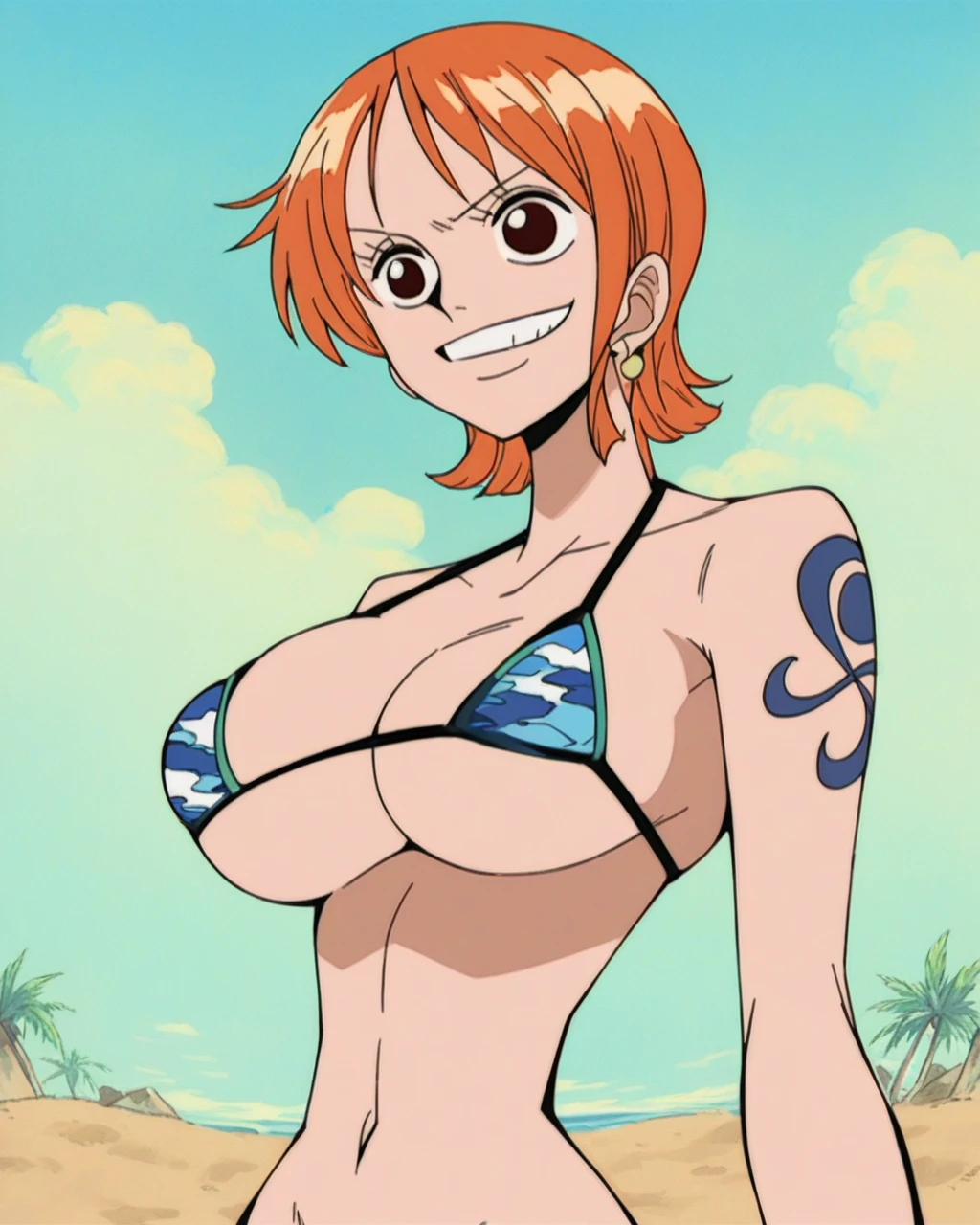 score_9, score_8_up, score_7_up, source_anime, anime_style, 2d, nami,  one piece nami, background beach, 1girl, solo, large breasts, micro bikini,  short hair, evil smile,  <lora:namiXL-20:1>