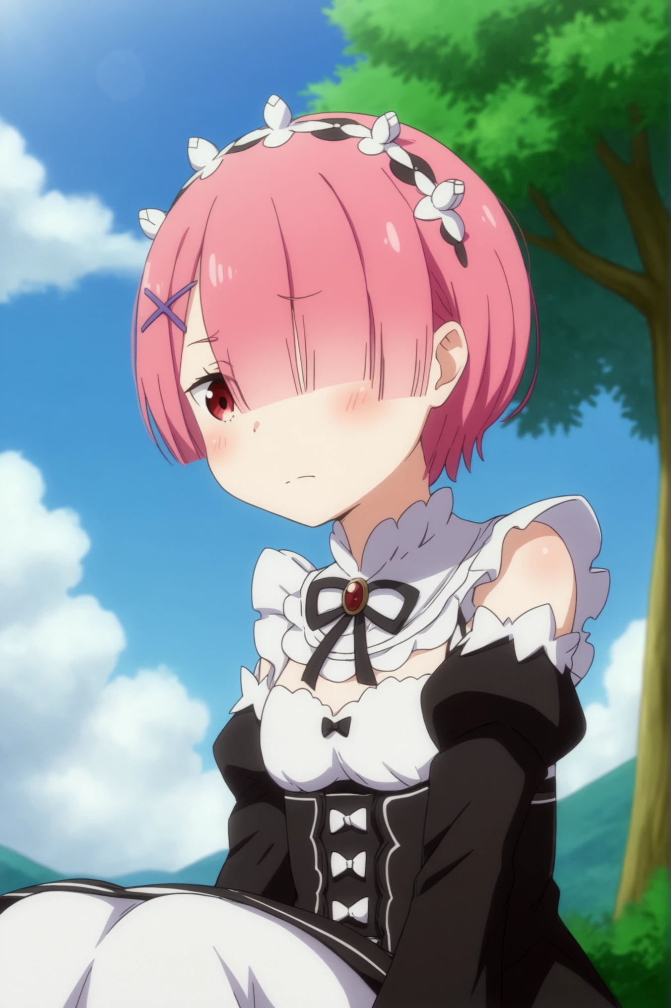 <lora:Ram:0.7>, Ram, 1girl, solo, blush, short hair, closed mouth, pink hair, outdoors, sky, day, cloud, blue sky, brooch, sitting <lora:sdxl_lightning_4step_lora:1>