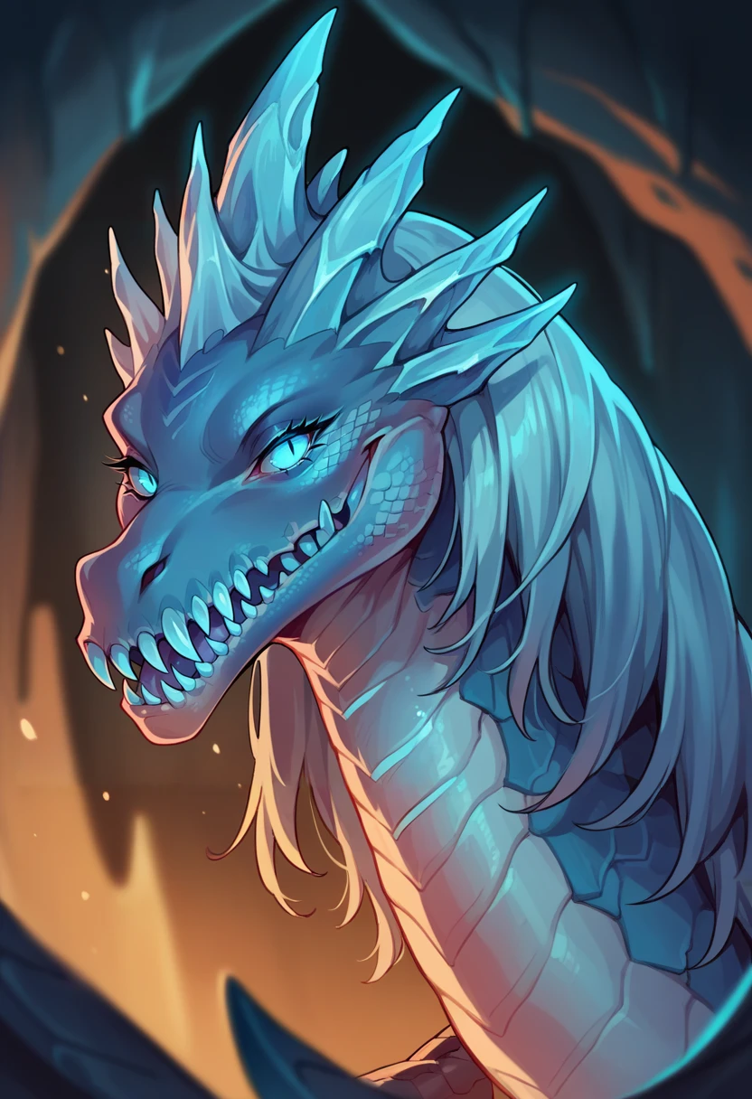 score_9, score_8_up, score_8, source_anime, 1girl, <lora:Auroth:0.9> no humans, feral, dragon, sharp teeth, teeth, scales, colored skin, glowing, blue eyes, monster, hair, looking at viewer, eyelashes, mouth open, tongue,
cave background, blurry background,