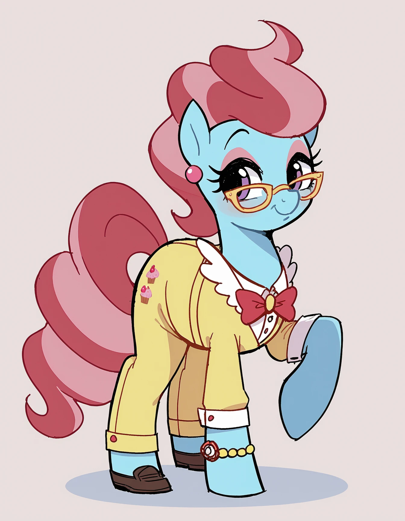 zPDXL, score_9, score_8_up, score_7_up, source_anime, flat color,
1girl, solo, <lora:StickySweet_v3:1> stkyswt, sketch, black eyes, mlp, pony , mrs. cake \(mlp\), teacher wearing a soft beige tailored white blouse, wide-leg pants, classic loafers, elegant wristwatch,stylish glasses, subtle eyeshadow,