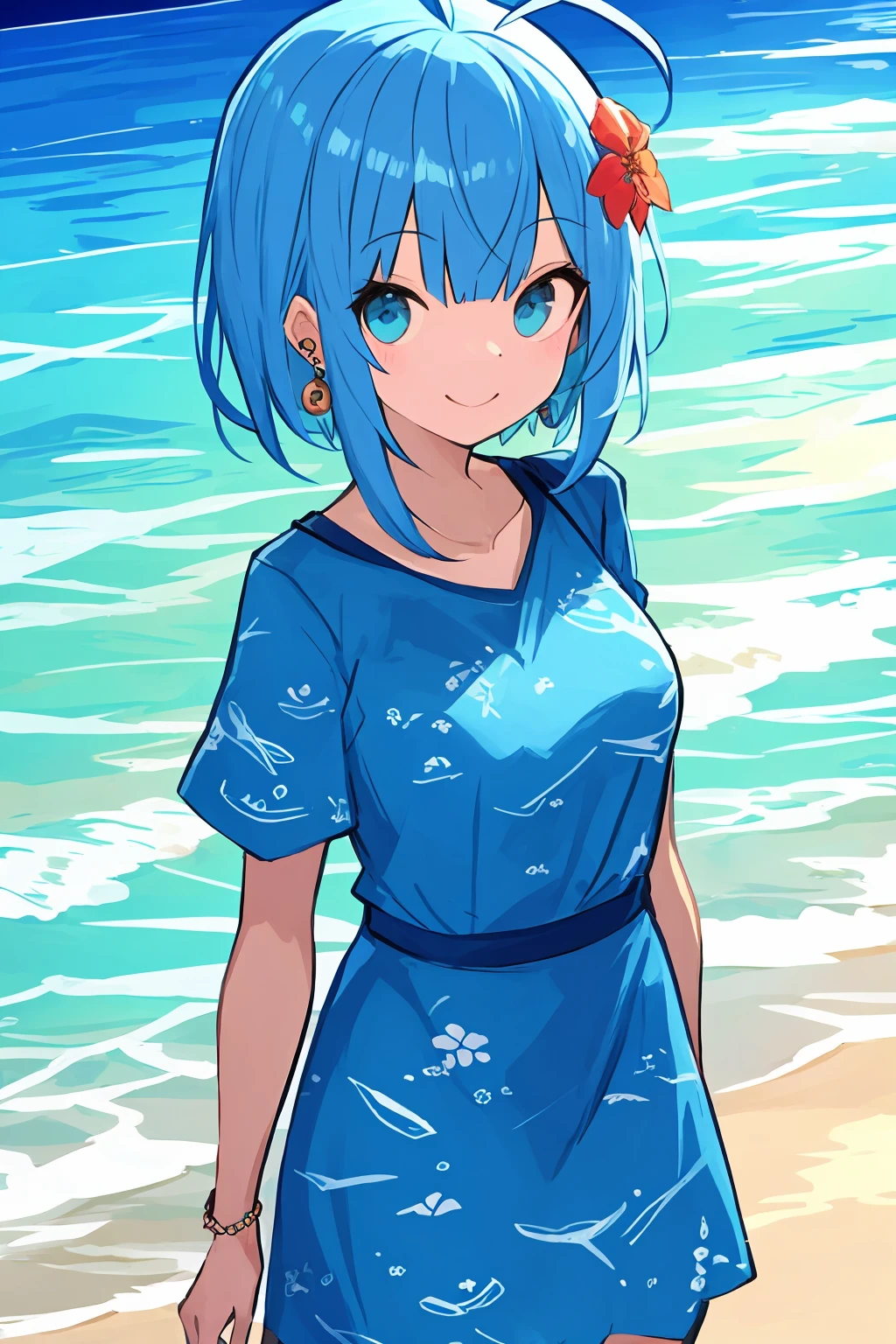 best quality, amazing quality, very aesthetic,1girl, asakura_toru, solo, dress, looking_at_viewer, floral_print, short_hair, blue_dress, multicolored_hair, short_sleeves, gradient_hair, blue_hair, night, jewelry, smile, beach, ocean, print_dress, blue_eyes, earrings, bangs, outdoors, ahoge, parted_bangs, breasts, waves,<lora:æç«é³æµª-000030:0.6>,