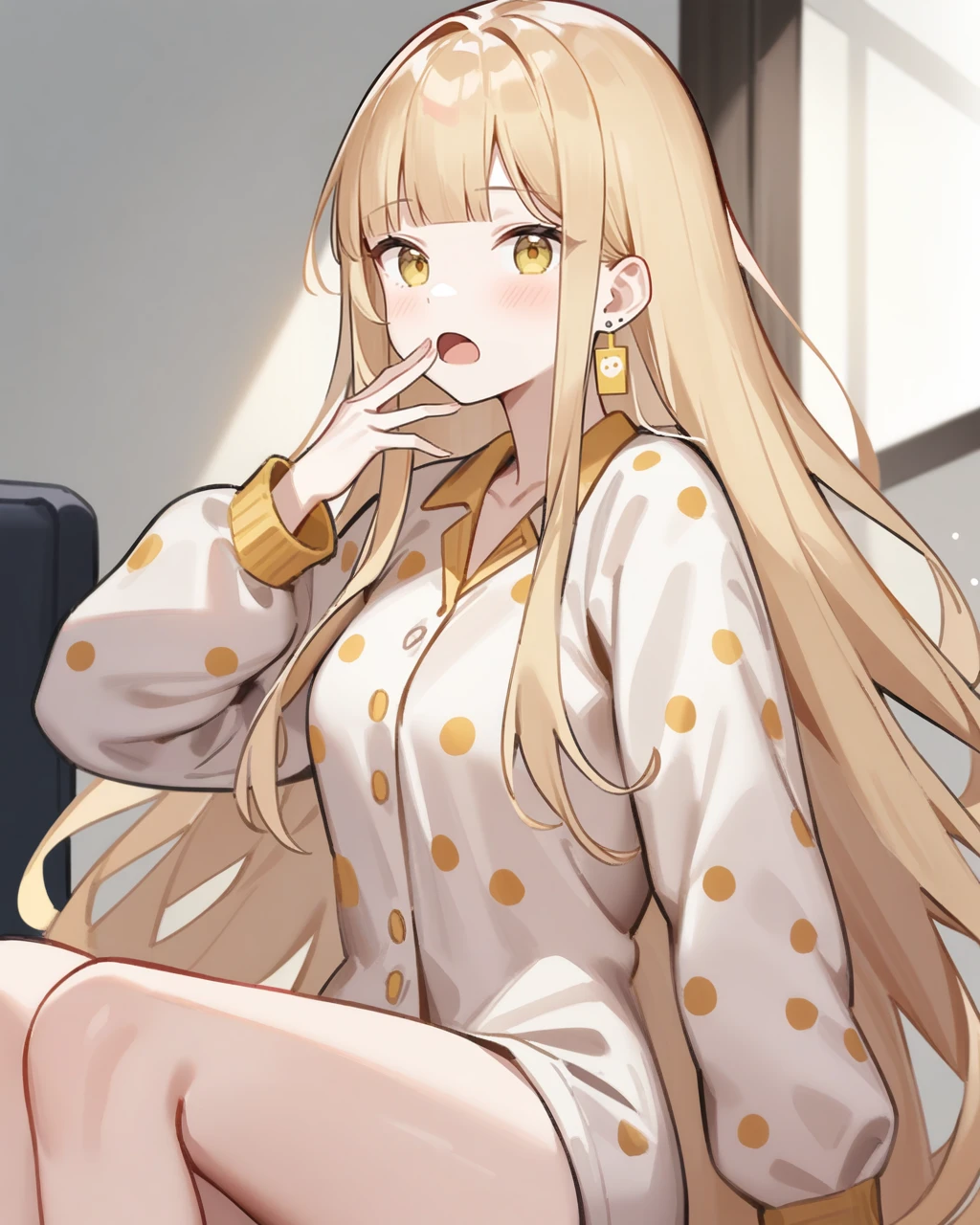 masterpiece,best quality,very aesthetic,absurdres,flat color,cinematic,yawning,looking at viewer,sleepy,
(polka_dot_pajamas:1.2),<lora:keluo_xl:0.7>,keluo,1girl,solo,long hair,yellow eyes,blonde hair,bangs,jewelry,earrings,very long hair,