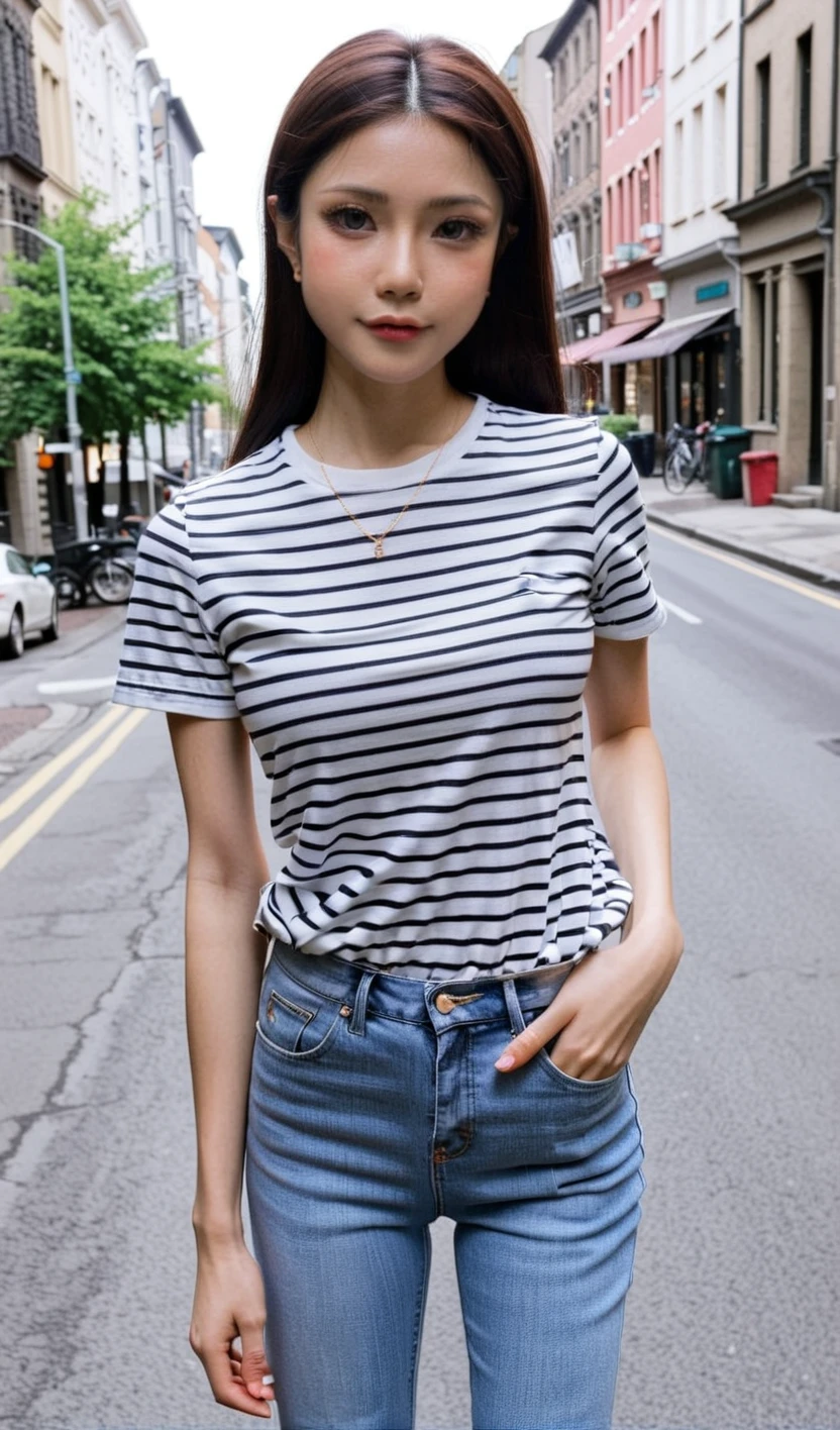 a girl, simple striped tshirt, outdoors, city, denim pants, yujikoixl <lora:YujikoiXL:0.9>