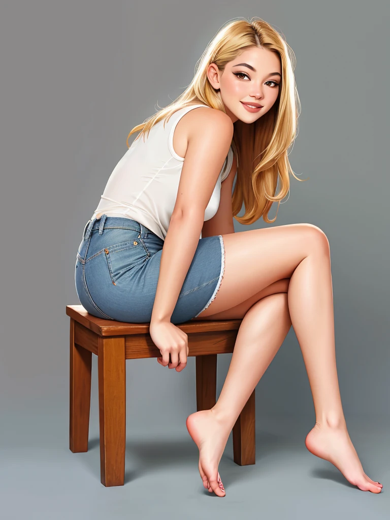 Realistic photo of a beautiful m4d3lync woman, 1girl, solo, long hair, looking at viewer, smile, blonde hair, simple background, shirt, brown eyes, sitting, barefoot, sleeveless, pants, feet, sleeveless shirt, denim, jeans, realistic, professional Photography, Photorealistic, detailed, RAW, analog, sharp focus, high quality, film grain<lora:m4d3lync:1.0>