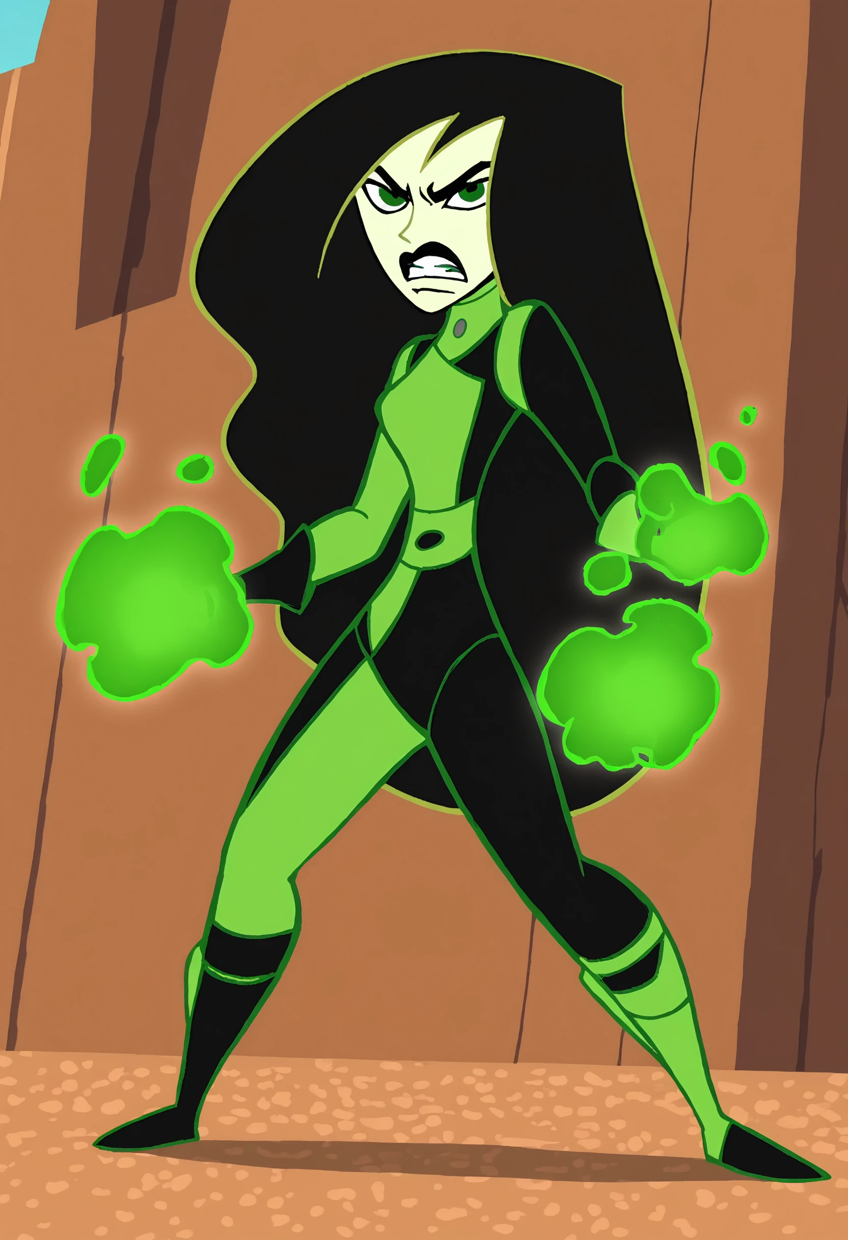 <lora:ShegoPony1.0:1>shego, 1girl, solo, long hair, black lips, black hair, green eyes, green bodysuit, green gloves, very long hair,angry, looking at viewer,boots,full body,flaming hand, score_9, score_8_up, score_7_up, score_6_up, score_5_up, score_4_up