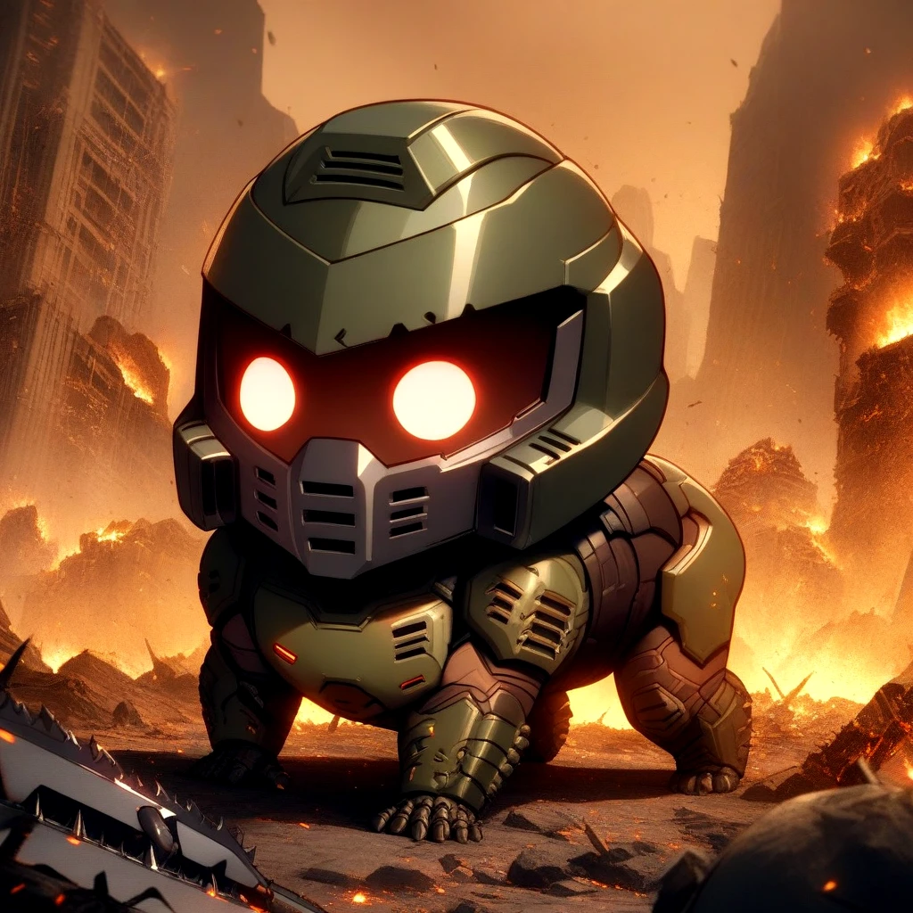 <lora:doro_xypher_amxl_v1:0.8>  solo, doro, \:3, chibi, solid circle eyes, no pupils, all fours, no humans, Doomguy, doom, helmet, visor \(armor\), covered face, (glowing eyes:0.7), round eyes, chainsaw
, masterpiece, best quality, very aesthetic, absurdres, cinematic scene, detailed background, hellscape, embers, bones
,  <lora:doomguy_xl_v1:0.9>