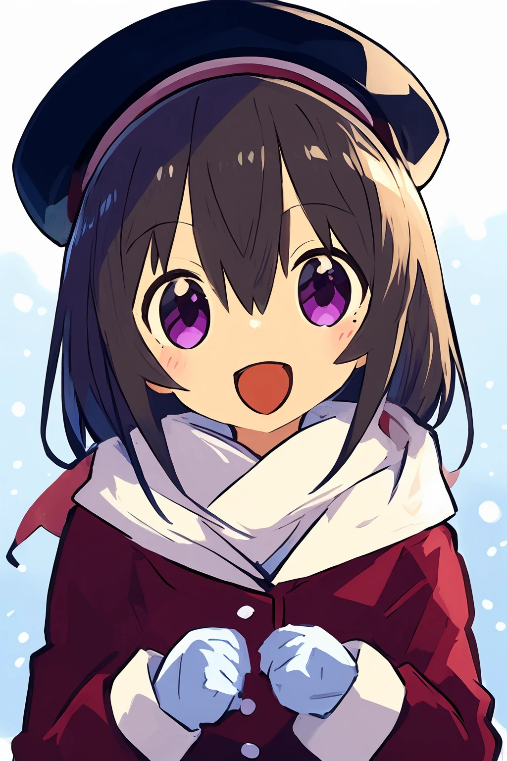 1girl, kazano_hiori, solo, gloves, mole_under_mouth, mole, black_hair, scarf, hat, looking_at_viewer, smile, long_hair, upper_body, blush, snowing, open_mouth, bangs, winter_clothes, snow, long_sleeves, coat, :d, blue_eyes, beret, jacket, white_headwear, brown_gloves, purple_eyes,<lora:Pretty tree pretty light:0.8>,