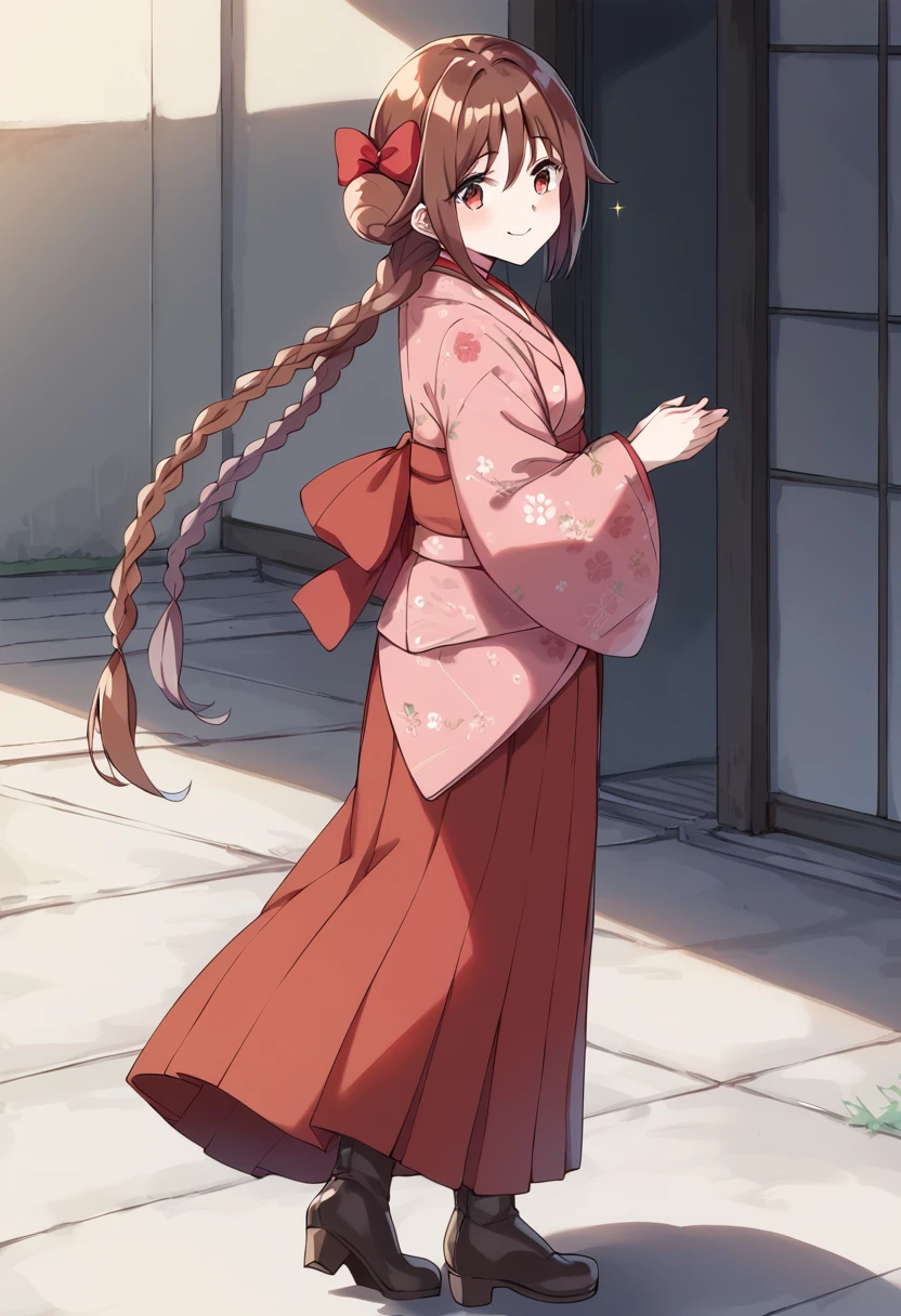 score_9, score_8_up, score_7_up, source_anime BREAK
tachibana yuzuki, 1girl, solo, brown hair, japanese clothes, brown eyes, kimono, looking at viewer, smile, hakama skirt, meiji schoolgirl uniform, red hakama, standing, full body, red bow, hair bow, high heel boots, closed mouth, floral print, brown footwear, pink kimono, twin braids, wide sleeves, from side, sparkle, single braid, long sleeves, very long hair, print kimono, braided ponytail, own hands together, twintails, shiny, black footwear, hair ribbon, shiny hair, floating hair, looking to the side, long skirt, shadow, red ribbon, pink bow, hair between eyes, red eyes, eyebrows visible through hair, red skirt, lace-up boots, sleeves past wrists, blush, eyelashes, multicolored kimono, red kimono, yagasuri, sidelocks, light smile, multicolored, long braid, looking back, hair bun, hair flower, outdoors, street
<lora:tachibana_yuzuki_sdxl_locon_pony_v1:0.7>