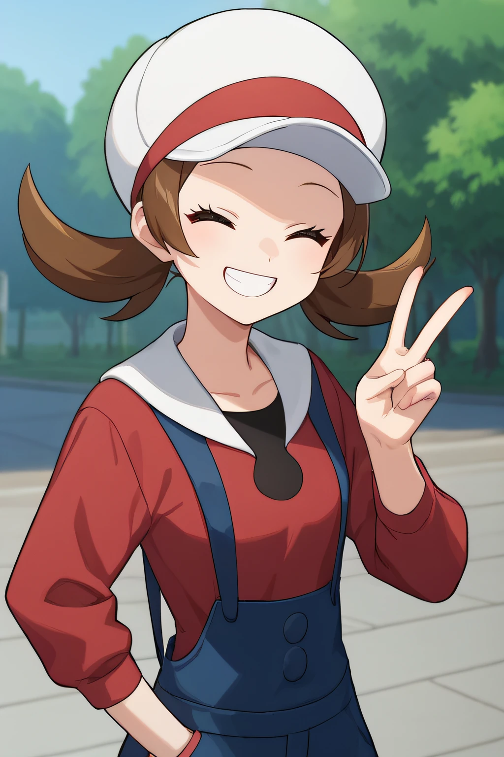 score_9, score_8_up, score_7_up, source_anime, rating_safe, intricate details, anime screencap, official style, <lora:Lyra:1>, lyra, closed eyes, red shirt, long sleeves, white headwear, blue overalls, standing, looking at viewer, outdoor, smile, grin, teeth, peace sign, frontal view, upper body, one hand up