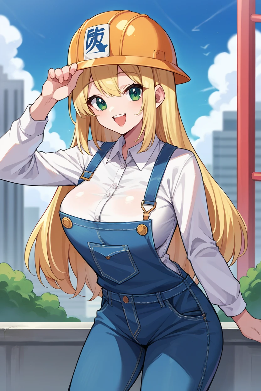 score_9, score_8_up, score_7_up, score_6_up, source_anime BREAK 1girl, solo  <lora:dsruri-pdxl-nvwls-v1-000005:1> dsruri, blonde hair, long hair, green eyes, large breasts, hard hat, white shirt, long sleeves, blue overalls, denim, happy, blue sky, city, looking at you