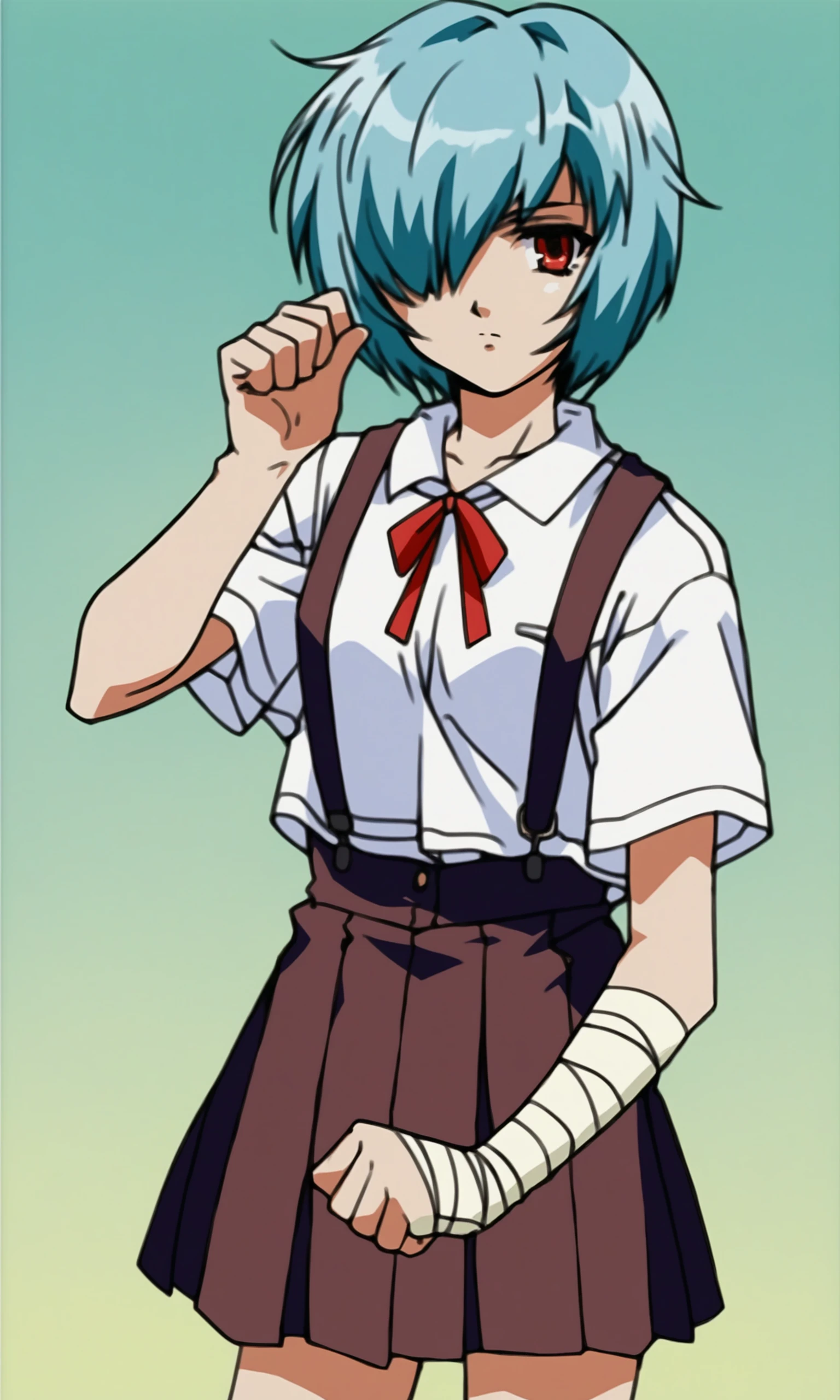 (score_9,score_8_up,score_7_up),source_anime,
1990s anime,1girl,ayanami rei,short hair,blue hair,bandages,school uniform,solo,bandage over one eye,red eyes,ribbon,looking at viewer,tokyo-3 middle school uniform,shirt,short sleeves,closed mouth,neck ribbon,clenched hand,white shirt,cowboy shot,hand up,skirt,red ribbon,bandaged head,suspender skirt,expressionless,bangs,collarbone,signature,standing,bow,suspenders,arm at
