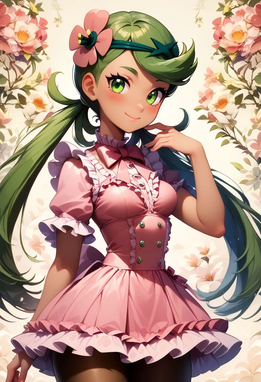 score_9, score_8_up, score_8, medium breasts, (curvy), cute, eyelashes,     
BREAK,
zzMallow, green hair, green eyes, hair flower, hair ornament,
BREAK,
 closed mouth, alternate costume, smile, nail polish, looking at viewer, hand up, blush, 
zzLFashion, frilled dress, frills, bow, dress, pantyhose,
zPDXL,