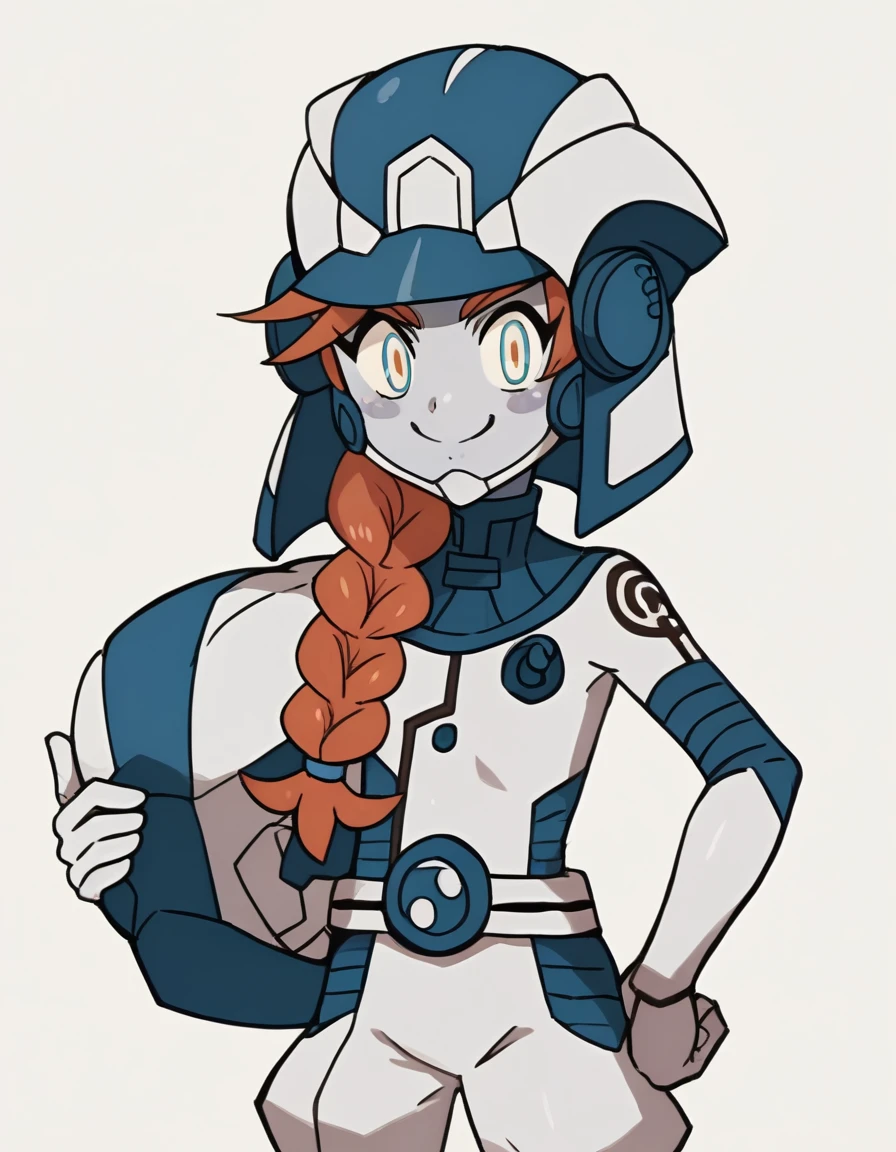 score_9, score_8_up, score_7_up, score_6_up, score_5_up, score_4_up, BREAK source_anime, anime screencap, <lora:ZossiePkmnXL-08:1> ZossiePkmnXL, 1girl, solo, holding helmet, smile, helmet, helmet removed, blush stickers, holding, simple background, bodysuit, white background, hand on hip, hair over shoulder, looking at viewer