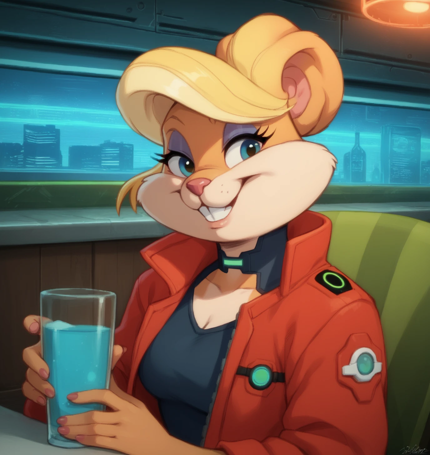 score_9, score_8_up, score_7_up, score_6_up, Detailed Background, BREAK
 <lora:Patricia_Bunny_Looney_Tunes_for_PonyXL:0.6>, patriciabunny, furry female, 1girl, blonde hair, smile, animal ears, jewelry, teeth, BREAK
bar, indoors, cyberpunk, cyborg, cybernetics,