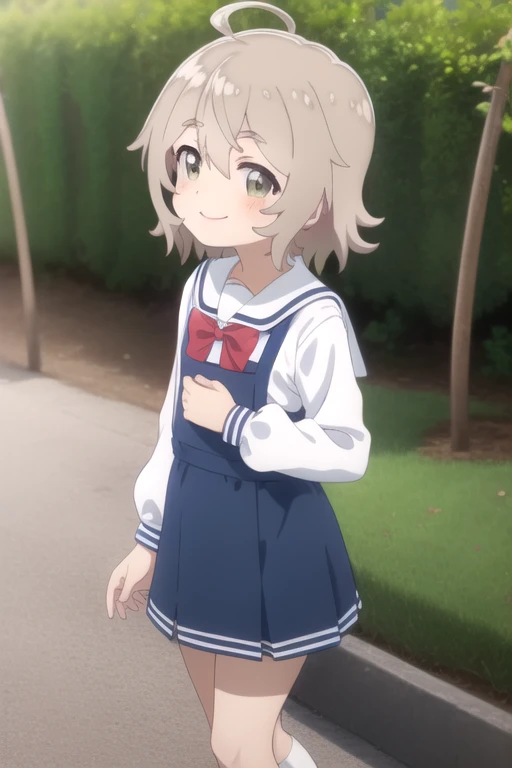 ((masterpiece)),(best quality),official art,extremely delicate and beautiful,extremely detailed CG,unity 8k wallpaper,ultra detailed,beautiful detailed eyes,extremely detailed face,anime coloring,outdoors,1girl,solo,cowboy shot,looking at viewer,facing viewer,smile,(petite:1.5),female child,ahoge,medium hair,light brown hair,shiny hair,hair between eyes,bangs,brown eyes,school uniform,blue dress,sailor dress,pinafore dress,white sailor collar,white shirt,red bowtie,long sleeves,flat chest,white socks,loafers,<lora:Kanon Konomori(wtm)>,