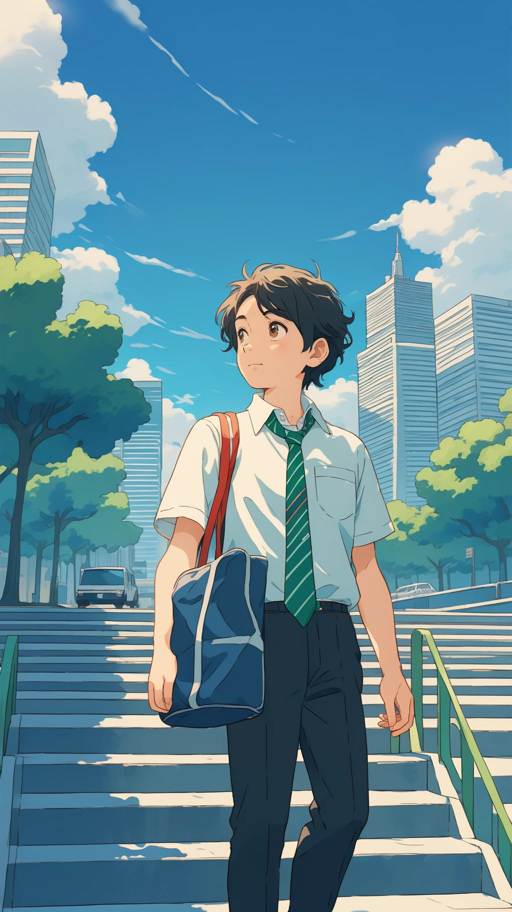 ,dongman,1girl,miyamizu mitsuha,1boy,shirt,green necktie,outdoors,necktie,bowtie,skirt,building,striped necktie,white shirt,sky,striped,cloud,bow,black hair,tree,day,red bow,short sleeves,scenery,red bowtie,city,railing,school uniform,hair ribbon,black skirt,ribbon,pants,brown eyes,collared shirt,striped bow,blue sky,cityscape,pleated skirt,short hair,green bow,dappled sunlight,looking at another,striped bowtie,ground vehicle,sunlight,road,cloudy sky,skyscraper,black pants,standing,stairs,green bowtie,red ribbon,diagonal stripes,bag,plant,<lora:zonghe129:0.75>