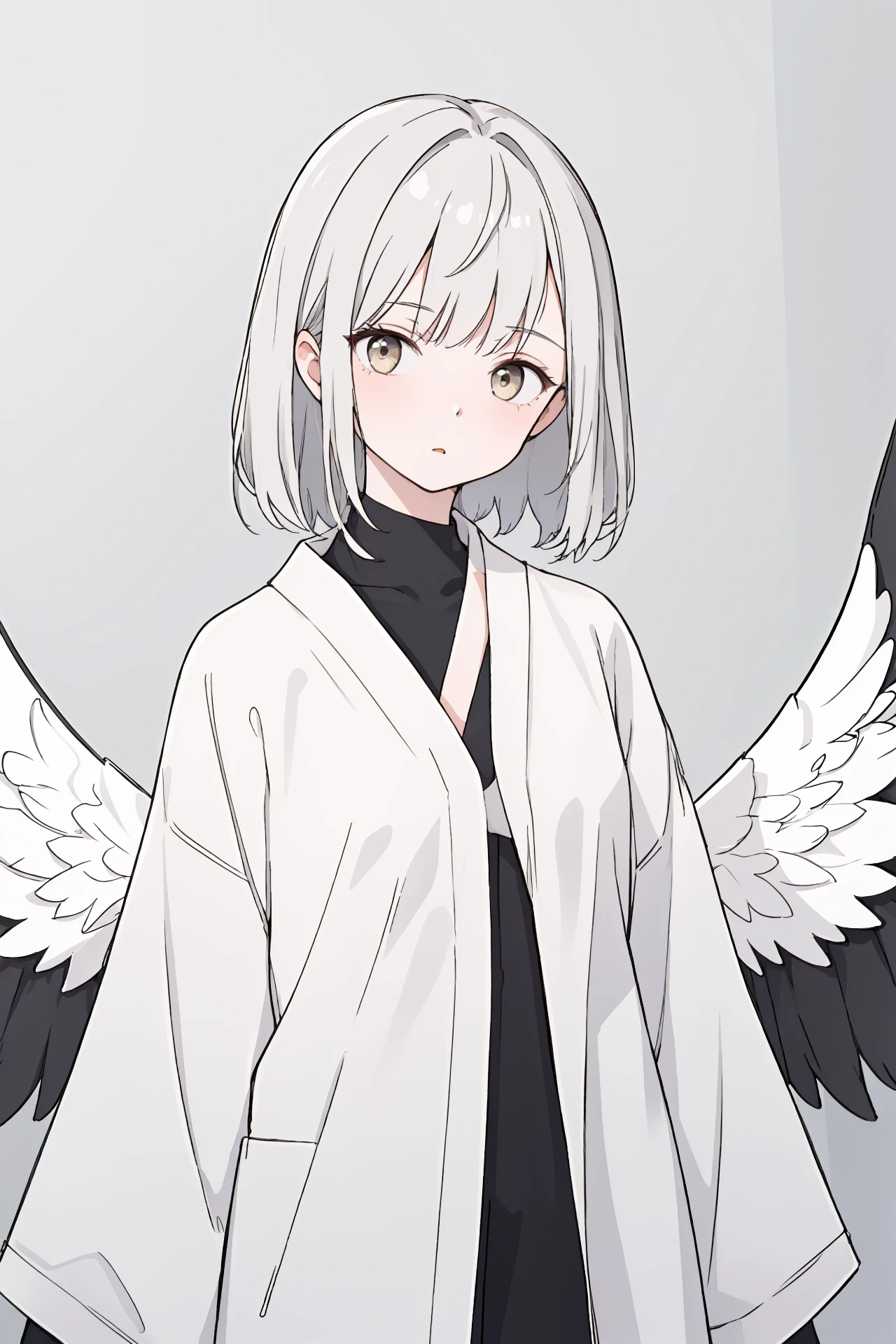 (best quality, masterpiece, highres),1girl,solo,asymmetrical bangs,black wings,Zen style,minimalist clothing,natural fabrics,neutral colors,clean lines,understated accessories,relaxed silhouettes,mindfulness-inspired fashion,looking at viewer,dynamic_angle,well,