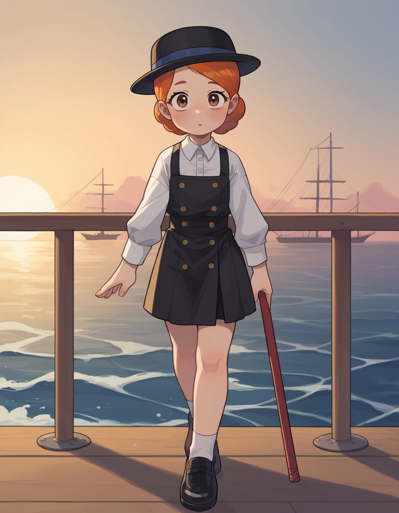 zPDXL, score_9, score_8_up, score_7_up, source_anime,
1girl, solo, (esthetic gangster) young woman, american, hazel eyes, light tan skin, voluptuous build, wearing a deep burgundy three-piece suit, bowler hat, patent leather shoes, ginger hair, walking cane, holding a Tommy gun, set in the year 1920, in a foggy dock, with ships moored at the pier, the sound of waves lapping against the hulls, and the distant call of a foghorn, at sunset, <lora:PossumMachine_v2:0.8> possmach, girl, child, chest