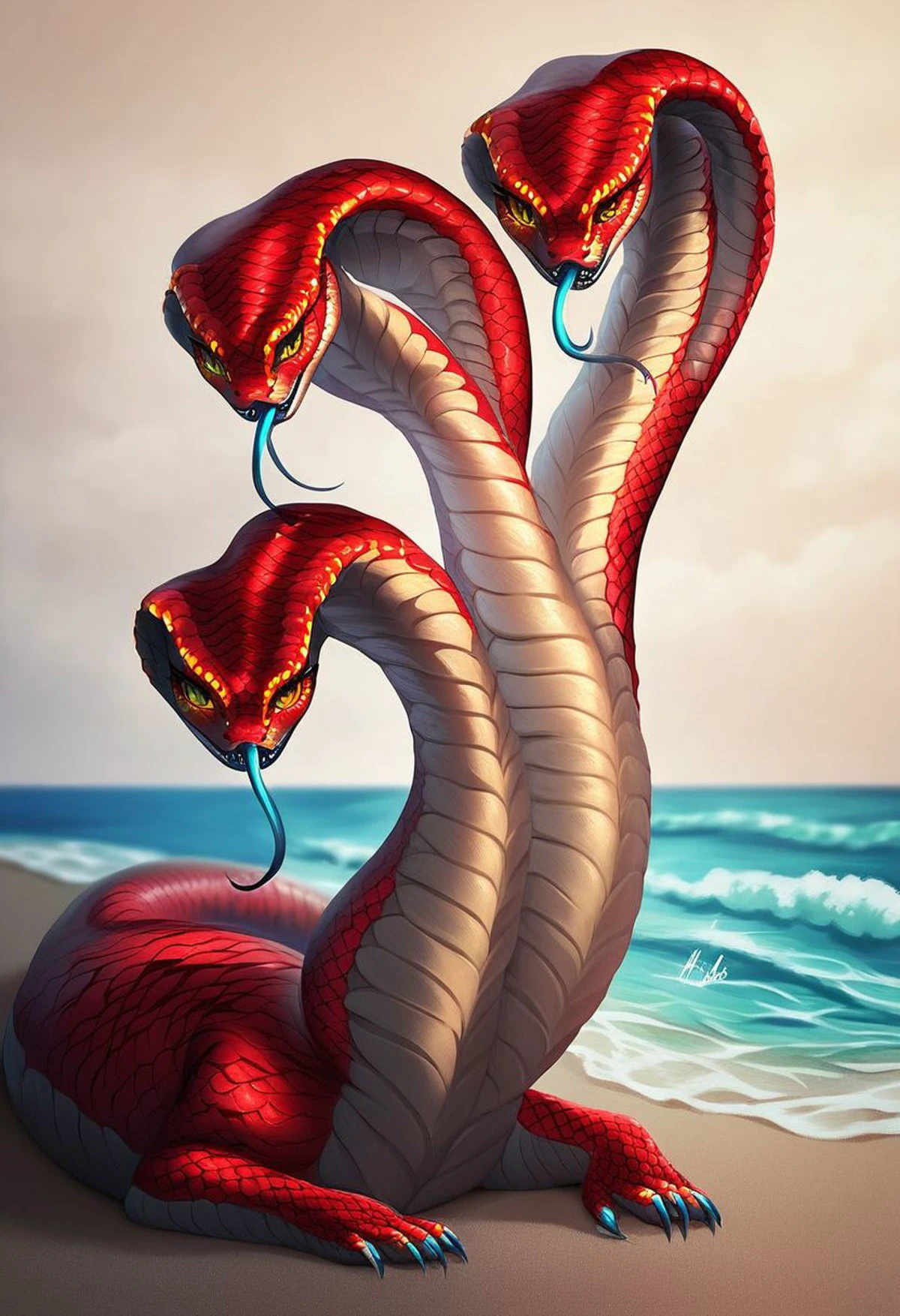 score_9, score_8_up, score_7_up, score_6_up, score_5_up, score_4_up, source_furry, source_monster, digital painting, digital art, detailed background, solo, 1girl, furry, snake girl, Hydra, 3heads, beautiful woman, scale, scalie, beach, sea, detailed scale