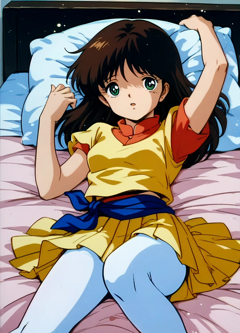 score_9, score_8_up, score_7_up, masterpiece, best quality, very aesthetic, absurdres, official art, official style, anime screencap, megami magazine, zPDXL2, zPDXLxxx, rating_safe, sfw, 1980s \(style\), retro artstyle <lora:Cream Lemon Nonomura Ami Pony v1_epoch_10:1.0>, 1girl, solo focus, cream_ami, (medium breasts:1.2), green eyes, BREAK, brown hair, bangs, BREAK, (yellow dress, short sleeves, yellow skirt, pleated skirt:1.2), BREAK, (undershirt:1.2), orange shirt, BREAK, sash, blue sash, BREAK, white pantyhose, BREAK, 4fingers, 1thumb, <lora:neg4all_bdsqlsz_xl_V91:1.0> <lora:ALTXL_pony_0061_8:2.0>, <lora:Difference_SaturationEbaraPonyCoolTemperatureV2_1e04:1.0>, bedroom, bed sheet, pillow, dim lighting, light particles, detailed background, detailed background,