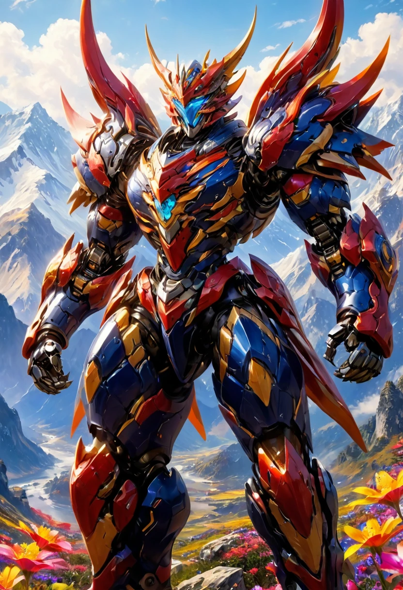 Super realistic,photography,cinematic lighting,A robot wearing heavy armor stood at the top of a mountain,with colorful wildflowers blooming at its feet,the dragon mech had an armor of teeth and claws,the armor was sharp enough to keep people away,highly saturated,brilliant colors,glowing<lora:p19-nijimecha-000006:0.7>,nijimecha,<lora:Hyper-SDXL-8steps-CFG-lora:0.3>,