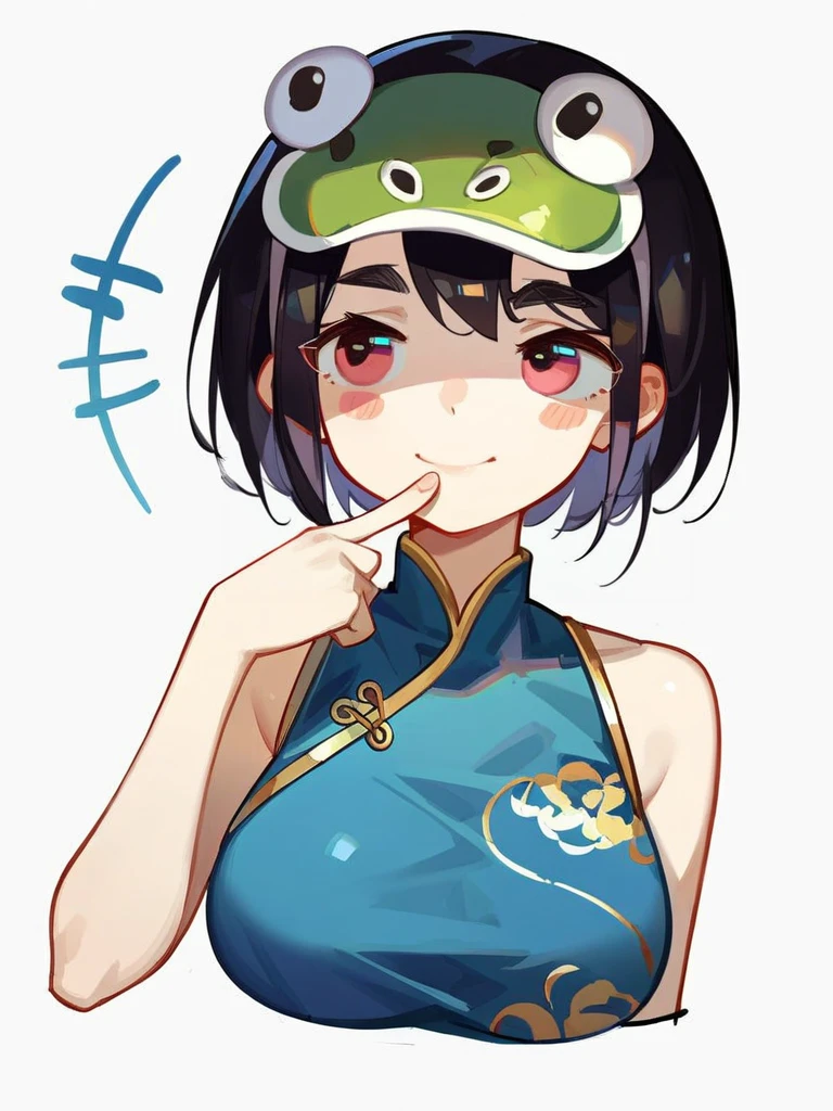 1girl,
tianliang duohe fangdongye style, solo, large breasts, smile, upper body, animal on head, motion lines, breasts, happy, thick eyebrows, chinese clothes, frog hat, blue sash, facing viewer, hand up, blush stickers, black hair, sash, finger to mouth, china dress, bob cut, dress, collarbone, looking afar, blue theme, sideways glance, sleeveless, short hair, on head, simple background, sleeveless dress, :d, white background, covered eyes,
score_9, score_8_up, score_7_up, source_anime
<lora:XL_tianliang duohe fangdongye style(pony)-000006:1>