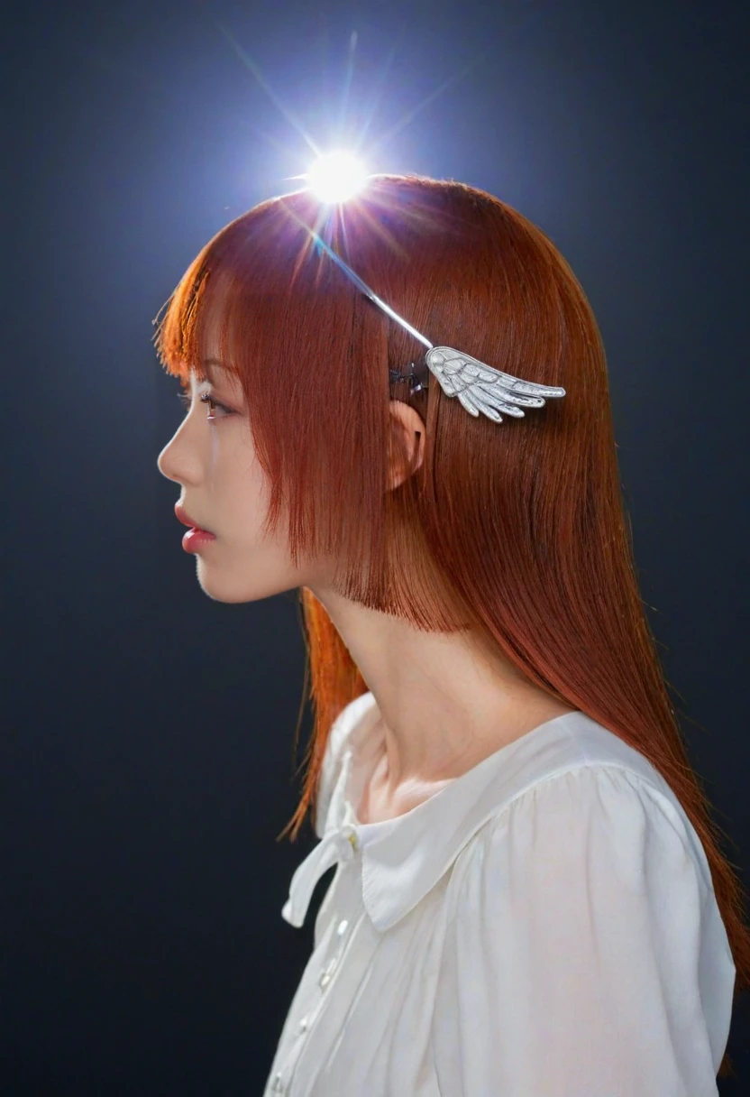<lora:ModernFable:0.7> female, profile, direct gaze, red straight hair, white blouse, angel halo hair clip, artistic photography, soft light, whimsical, ethereal, straight fringe, luminous, clear skin, studio shot, dark background, lens flare, Japanese, young adult, modern fashion, full lips, minimalistic, side view, focused light, surreal