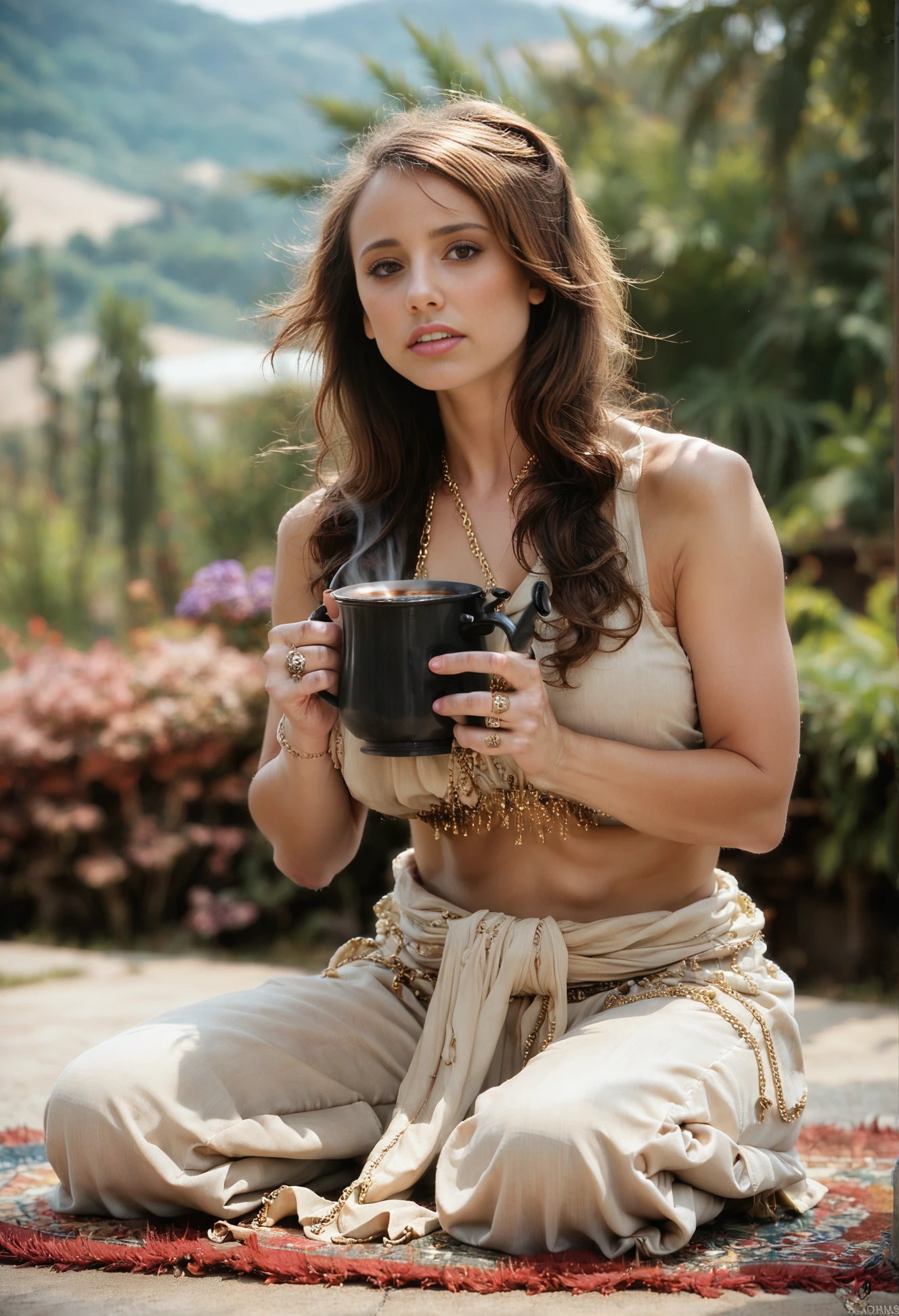 score_9, score_8_up, score_7_up,,source_real
1girl, solo, long hair, looking at viewer,, large breasts, brown hair, brown eyes,, blurry background, day ,sun, ring, bracelets, arabian clothes, silk pants, realistic, outdoors, sitting on rug, dunes in background
hair ornament, gold chain, coffee pot,
(tiffany ryan:1.2)
<lora:trpb_pony_v2:1>