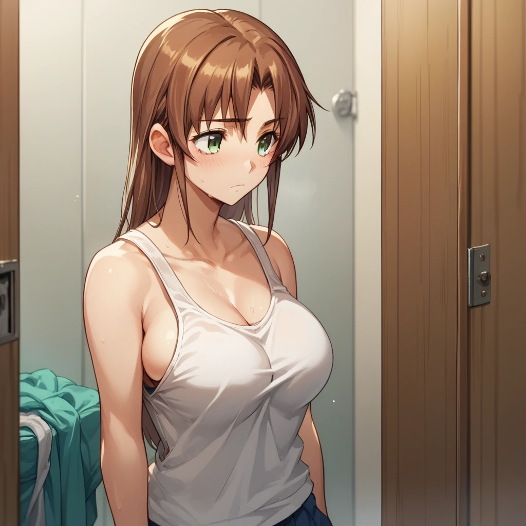 score_10, score_9, score_8_up, score_7_up, source_anime, BREAK, 1girl, Chizuru, changing rooms, tank top, changing clothes, large breasts