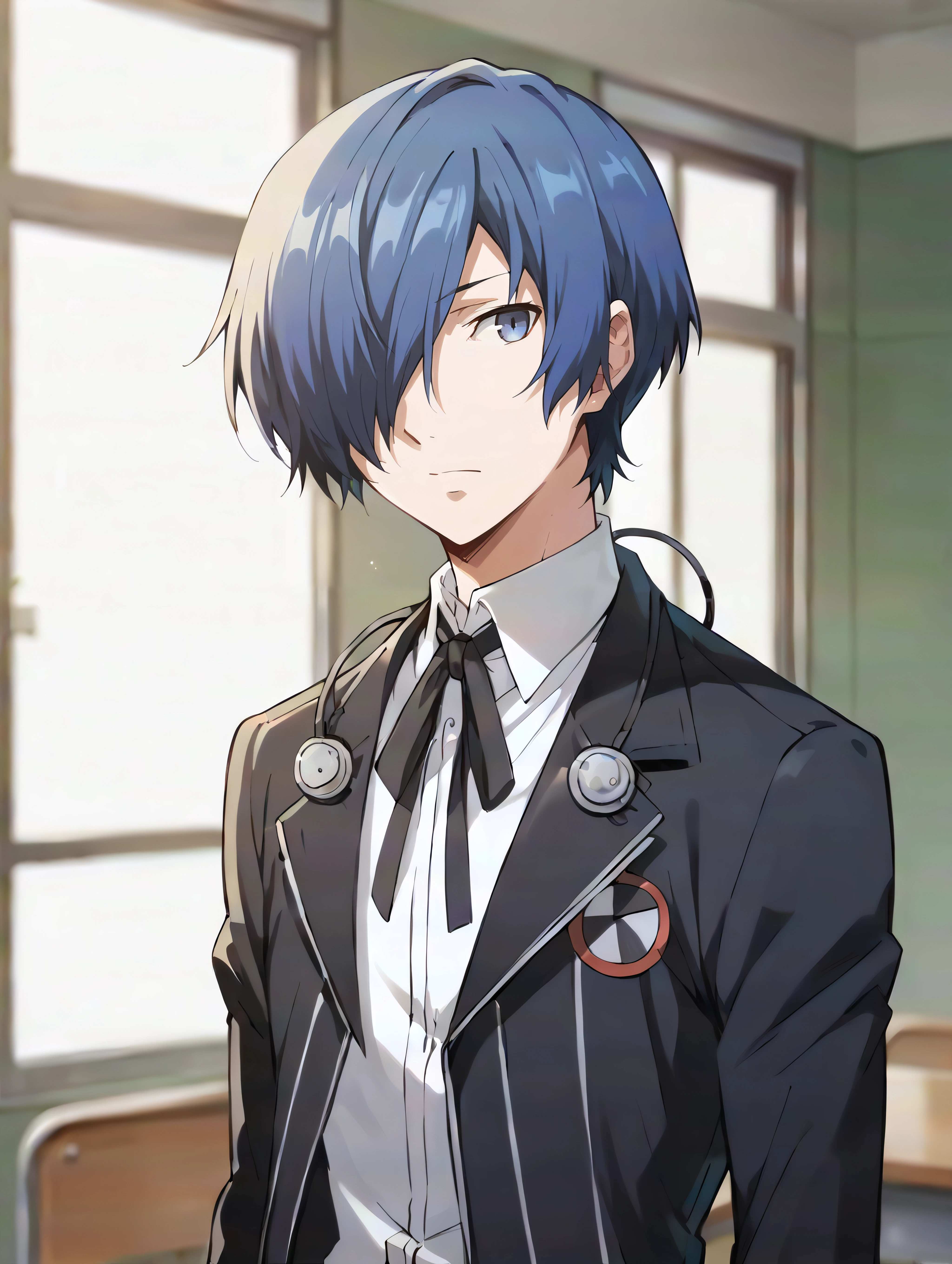 score_9, score_8_up, score_7_up, score_6_up, score_5_up, score_4_up, BREAK solo, makotoyuki, yuuki makoto, 1boy, slim, blue eyes, blue hair, hair over one eye, short hair, white shirt, black jacket, gekkoukan high school uniform, <lora:MakotoYuki_PDXL:1>