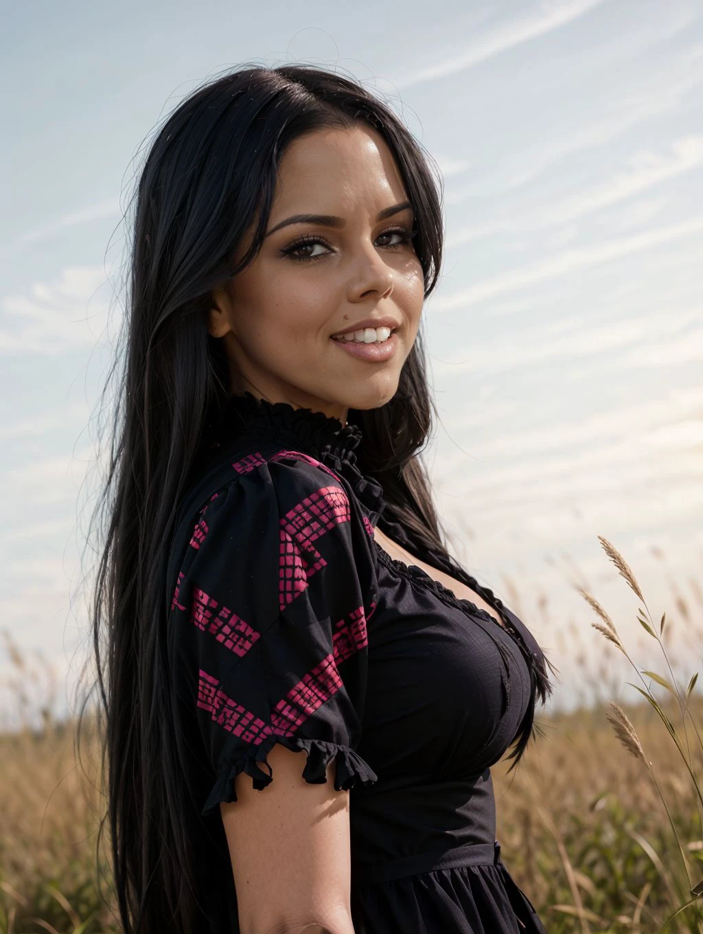 Diamond8, smile, happy, upper body portrait of a standing woman wearing a black folk dress with red patterns outdoors in a grass field (eye contact:1.3), hair blowing in the wind, at golden hour