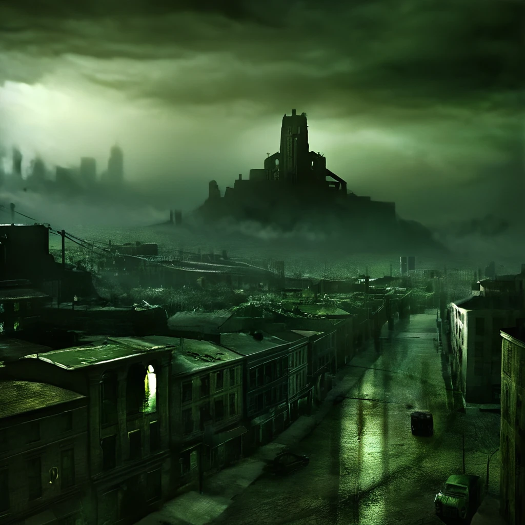 Half-Life 2 beta, HL2 concept art, dark and gritty, ((city 17, grey-green sky)), ((best lighting, best shadows, two-tone colour scheme, dramatic lighting, gorgeous landscape, biblical painting))