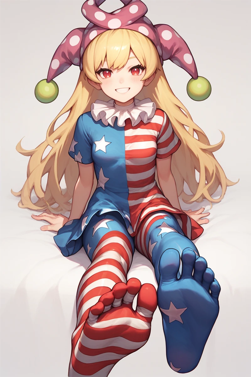 score_9, score_8_up, score_8, score_9, 1 girl, source_anime, <lora:clownpiece_pony-10:1>, jester cap, neck ruff, blonde hair, american flag legwear, american flag dress, clownpiece, dress, leggings, red eyes, long hair, small breasts, short sleeves, smile, foot focus