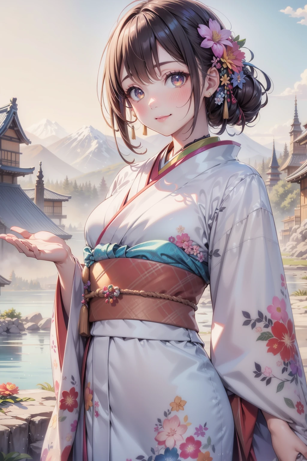 Role-playing game (RPG) style fantasy <lora:rainbow girl 1.1:0.7>,rainbow girl,colorful,1girl,solo,japanese clothes,obi,kimono,smile,blush,flower,hair ornament,floral print,cowboy shot,, 8k, best quality, masterpiece, rule of thirds, superb, high resolution, sharp focus, extremely detailed description, professional, gorgeous and intricate details, . Detailed, vibrant, immersive, reminiscent of high fantasy RPG games