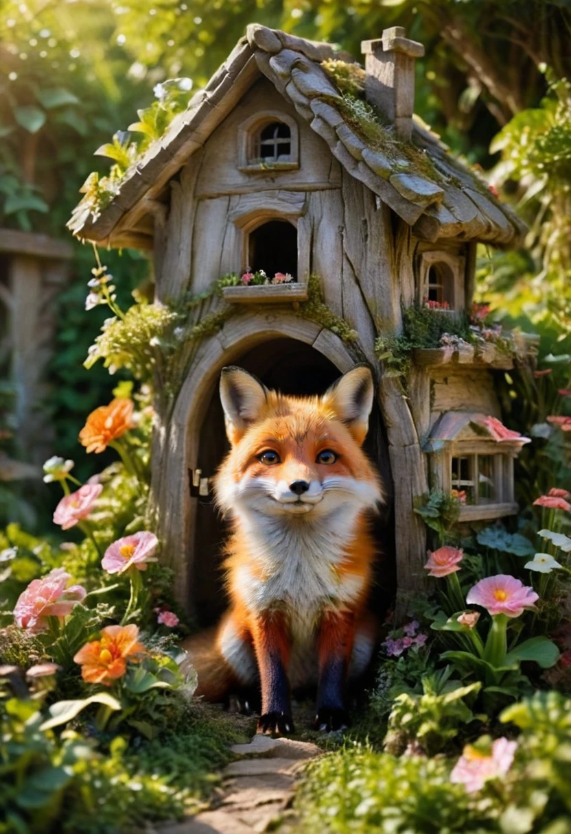 <lora:flower fox_sdxl_O8RF:0.7> A stone mushroom house located in a garden, surrounded by a variety of bright flowers and greenery. The background is full of natural tranquility and vitality. Warm sunlight slants in from the left side and shines on the flower fox and flowers, forming a soft natural lighting effect that enhances the warmth of the picture. The colors in the picture are bright and rich. The flower fox s reddish-brown fur contrasts sharply with the orange, pink, white and green plants of the flowers, making the whole picture full of life and vitality, making people feel peaceful and happy.