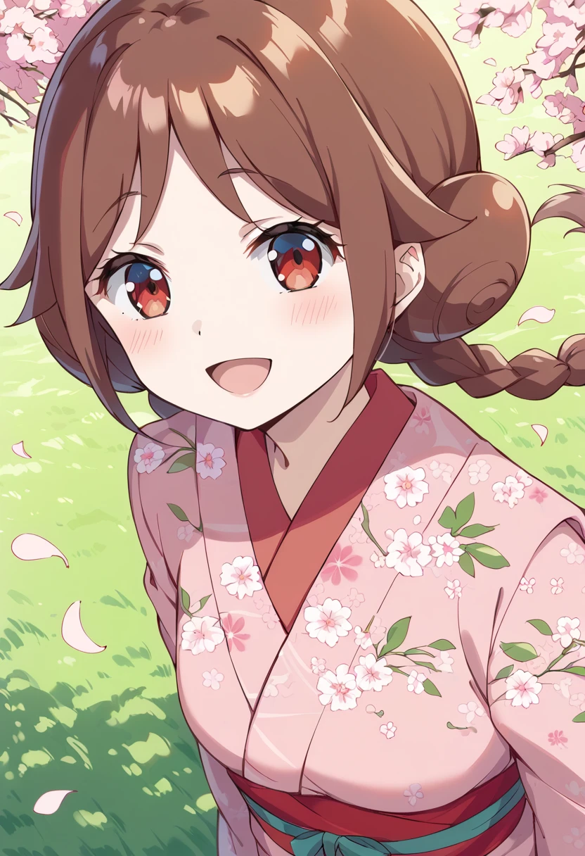 score_9, score_8_up, score_7_up, source_anime BREAK
tachibana yuzuki, 1girl, brown hair, solo, japanese clothes, open mouth, smile, twin braids, blush, kimono, floral print, grass, long hair, :d, looking at viewer, brown eyes, red eyes, petals, pink kimono, outdoors, eyebrows visible through hair, close-up, happy, portrait, print kimono, upper body, anime coloring, day, yukata, eyelashes, shiny hair, shiny, cherry blossoms, pink flower, wind, looking up, from above, floating hair, dot nose, cherry blossom print, low twintails, swept bangs, on grass, light blush, green background, sidelocks, double bun, single hair bun
<lora:tachibana_yuzuki_sdxl_locon_pony_v1:0.7>