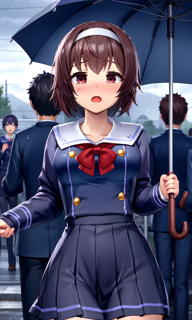 masterpiece, best quality, highres,
<lora:cmayu-chan:1> mmayu, short hair, navy blue shirt, serafuku, red neckerchief, navy blue skirt, pleated skirt
cloudy weather, next to a tree, holding an umbrella, very heavy rain, at the bus stop, some people around holding an umbrella, cold, cold air, feeling cold, blushing, city, outside