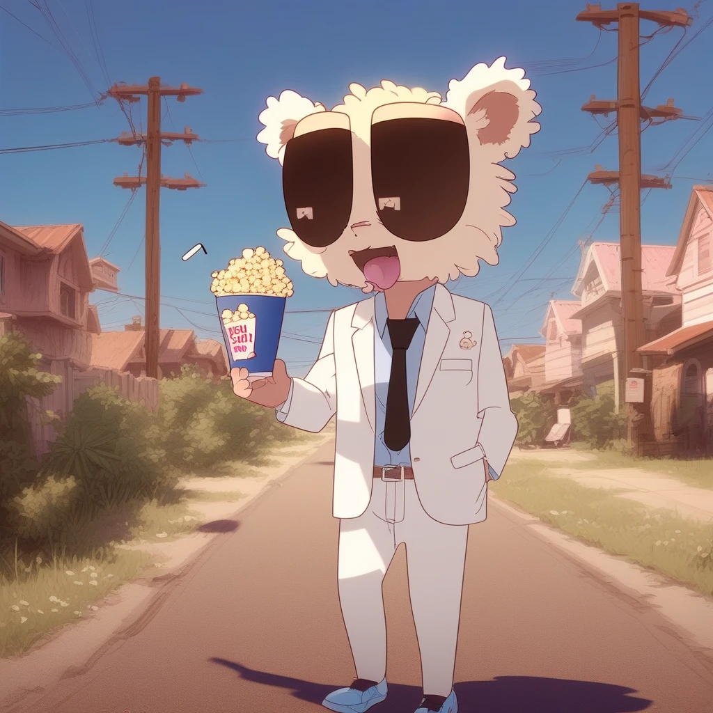 lamp, plant, white suit, shorts, popcorn, crossover, bottle, earrings, furry, open clothes, food, power lines, topless male, black sclera, drinking straw, blush, blue sky, shoes