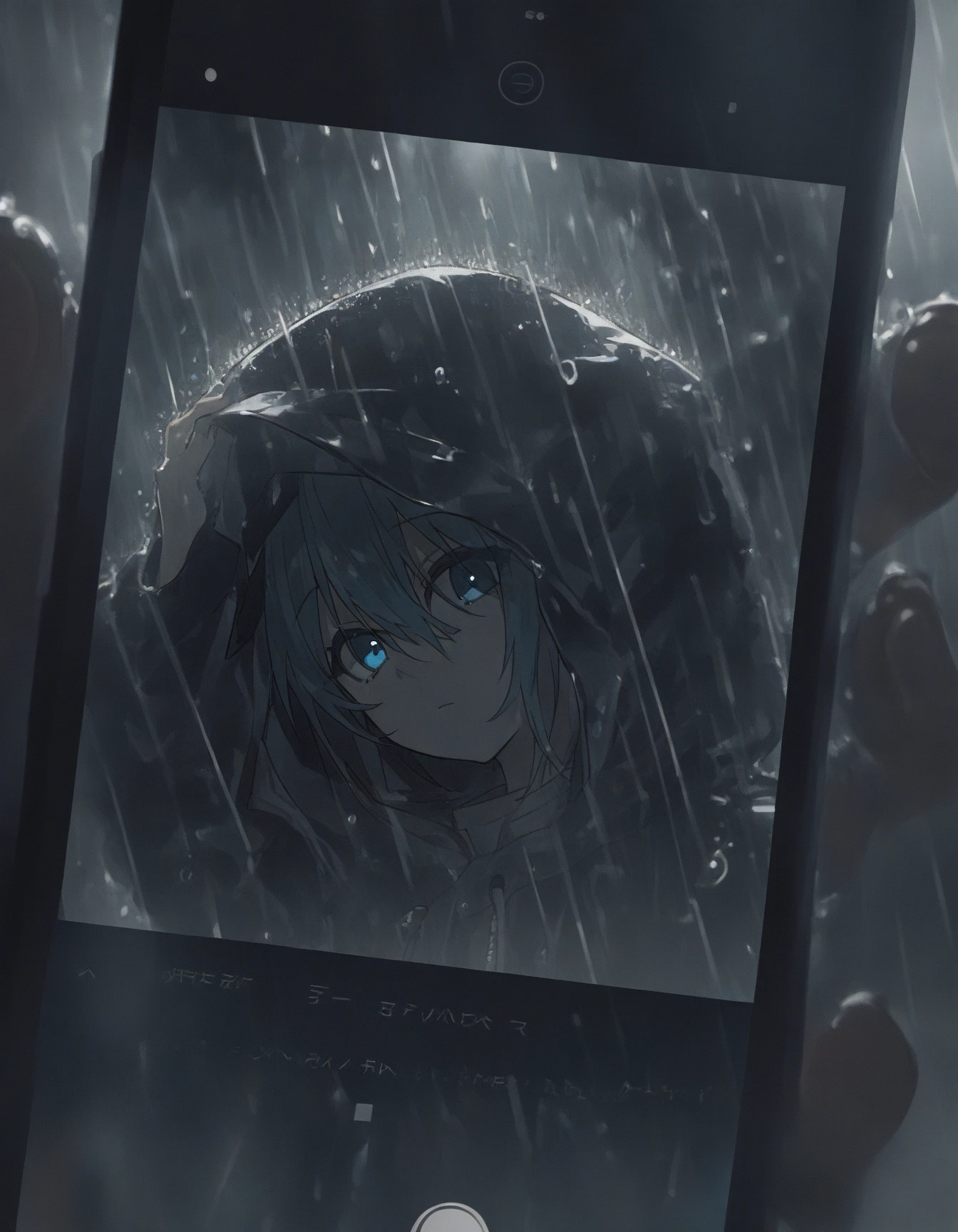 <lora:kika:0.8>, a person holding up a cell phone with a picture of a person in the rain on top of it, backlighting, 1girl, hatsune miku, blue eyes, raincoat, hood up, holding, looking at viewer