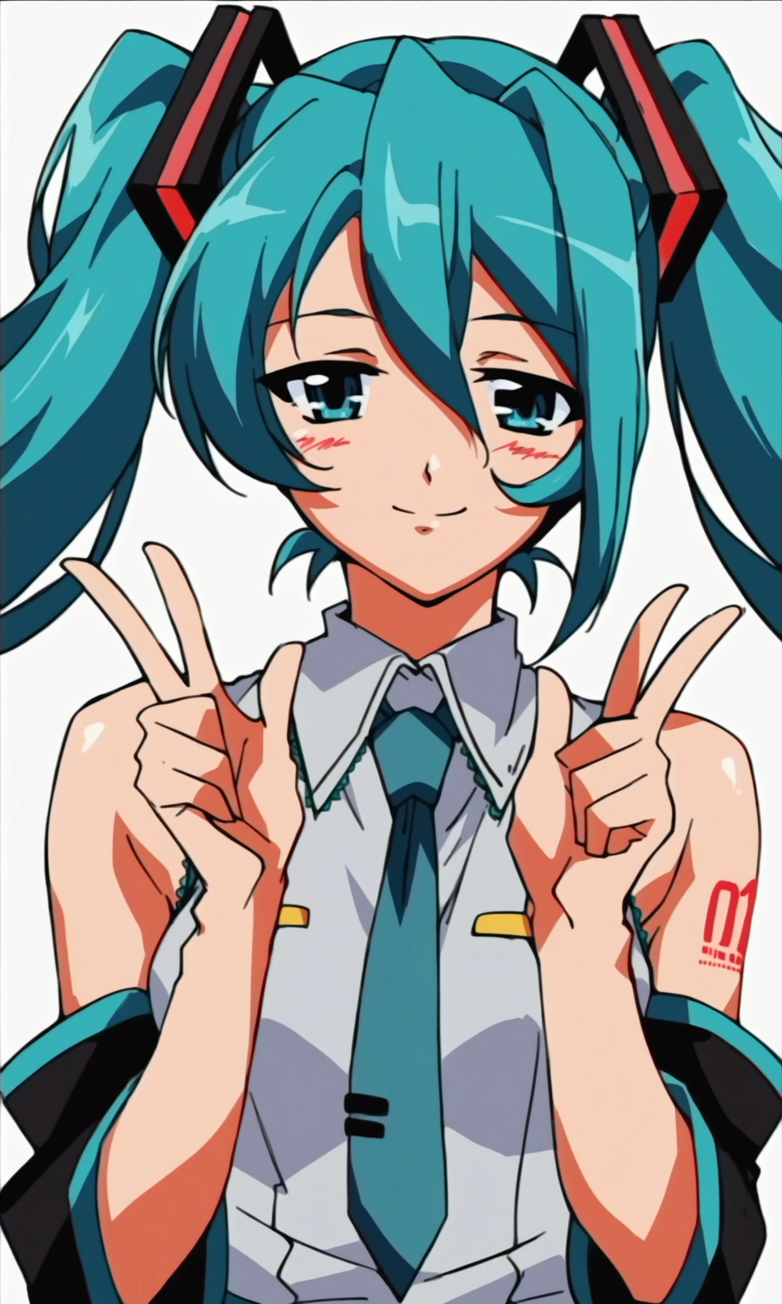 (score_9,score_8_up,score_7_up),source_anime,
1990s anime,1girl,solo,hatsune miku,twintails,smile,long hair,necktie,detached sleeves,looking at viewer,blush,blue hair,upper body,blue necktie,hair between eyes,shirt,aqua eyes,bare shoulders,closed mouth,sleeveless,blue eyes,aqua hair,bangs,hands up,tattoo,half-closed eyes,