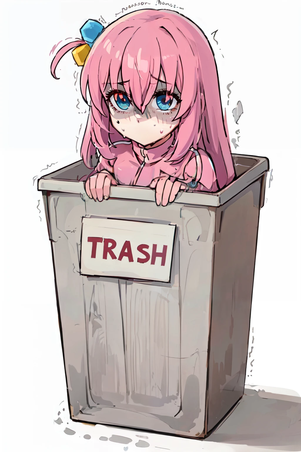 ((masterpiece,best quality)), <lora:Trash_Waifu:0.8>, Trash Waifu, 1girl, long hair, simple background, hair ornament, white background, hair between eyes, jacket, pink hair, sweat, chibi, one side up, trembling, shaded face, box, track jacket, @_@, pink jacket, cardboard box, gloom (expression), in box, cube hair ornament, gotou hitori, (red text, the word trash:1), <lora:gotou_hitori_v1:0.7>