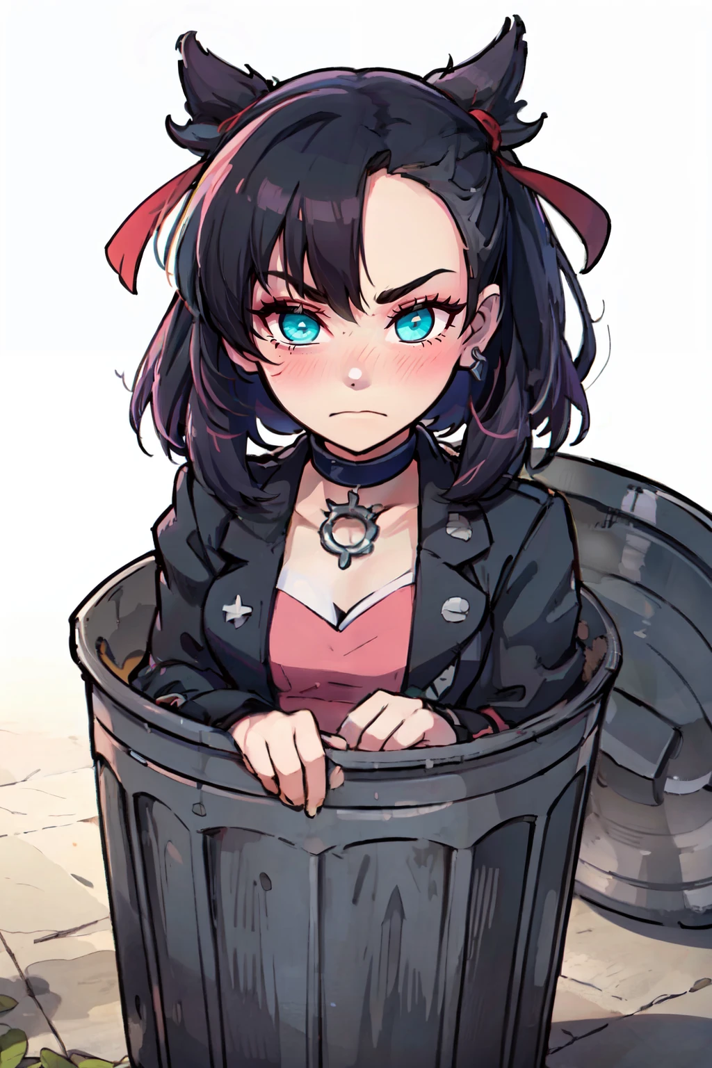 ((masterpiece,best quality)), anime style, <lora:Trash_Waifu:0.8>, Trash Waifu, 1girl, frown, blushing, angry, <lora:marnie_v1:0.7>, hmmarnie, aqua eyes, black choker, red ribbon, pink dress, jewelry, black jacket, open clothes, long sleeves,