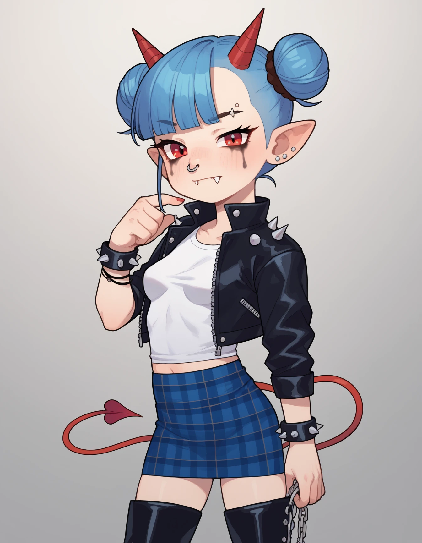 zPDXL, score_9, score_8_up, score_7_up, source_anime,
1girl, solo, punk wearing a black leather biker jacket with studs and spikes,tartan mini skirt,thigh-high platform boots, brown buzzcut, eyebrow piercing,nose ring, mascara,leather studded cuff bracelet,adorned with silver chains and safety pins, <lora:PossumMachine_v2:0.8> possmach, <lora:Nullantwins:0.8> Zhuu, blue hair, red eyes, pointy ears, red horns, demon tail, small breasts, fangs out, double bun, blunt bangs,