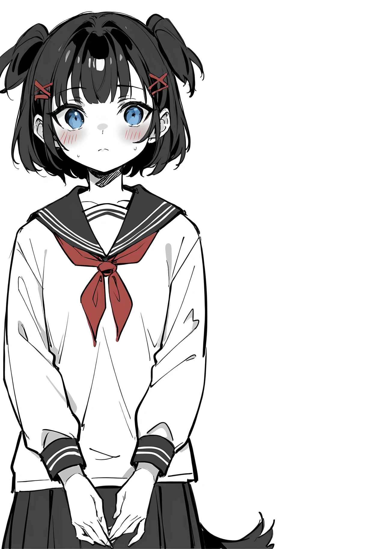 score_9, score_8_up, score_7_up, score_6_up, source_anime, <lora:Potat-lineart_sketch_v1-USENEG:-0.7>, line art, sketch, monochrome, <lora:djmaxsen-10:0.6> 1girl, sen(djmax), hair ornament, black hair, hairclip, short hair, blue eyes, two side up, long sleeves, serafuku, red neckerchief, black skirt, black panties, dog tail, blush