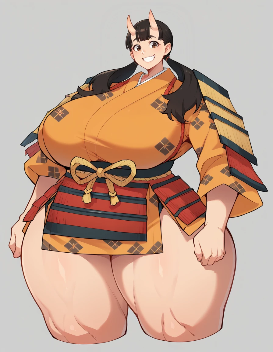 score_9, score_7_up, BREAK ,rating_explicit,
1girl,gigantic breasts,inutadearmr, ,japanese armor, low twintails,kimono,oni ,grin,black hair,brown eyes, wide hips,thick thighs ,armor, <lora:inutade_(delicious_in_dungeon) XL CAME 2:1>