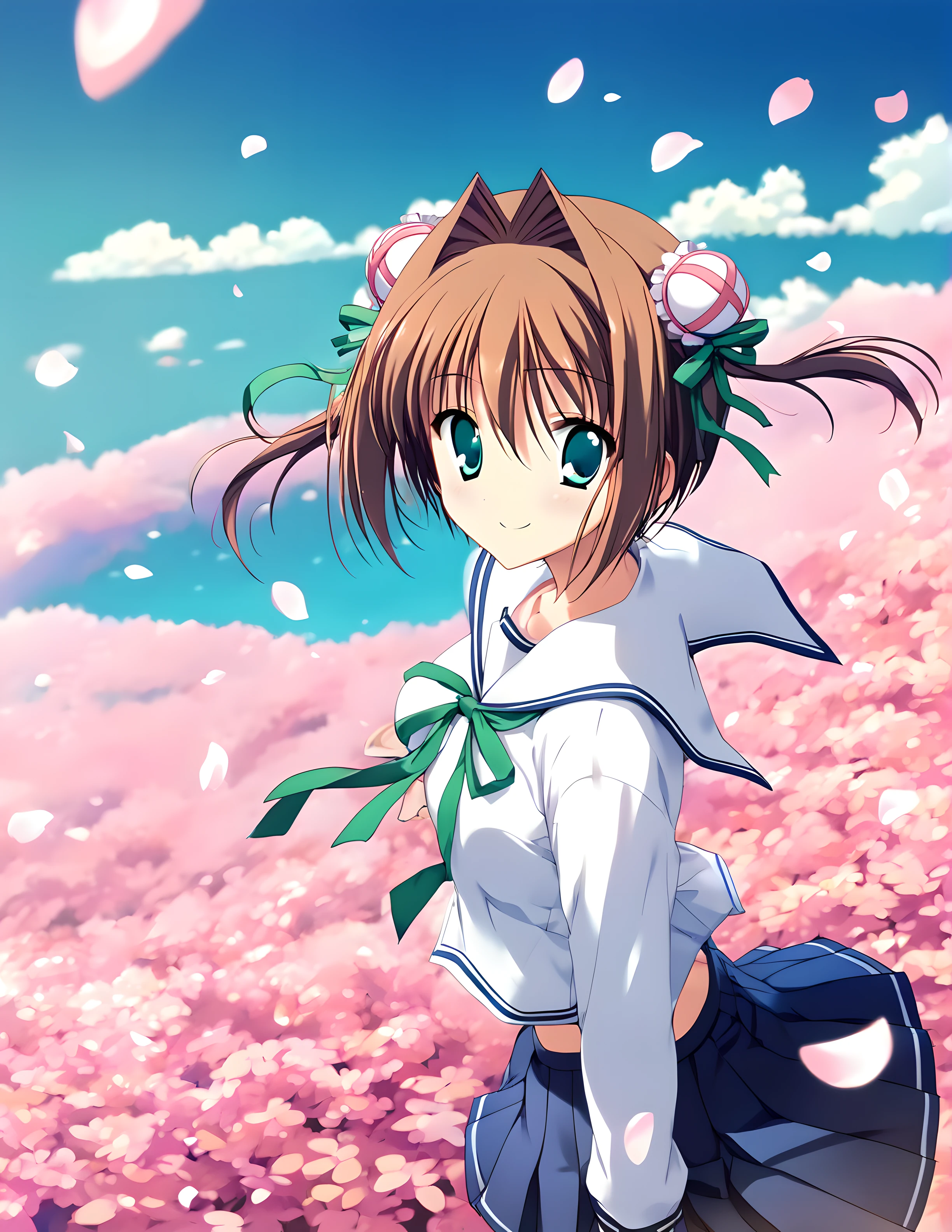 <lora:pony_xl_yume:0.8>,yume,score_9,score_8_up,score_7_up,source_anime,1girl,looking at viewer,spring \(season\),falling cherry petals,wind,simple_background,school uniform,serafuku,green ribbon,pleated skirt,smile,standing,from_above,from_side,cowboy_shot,landscape,hands_on_own_chest,