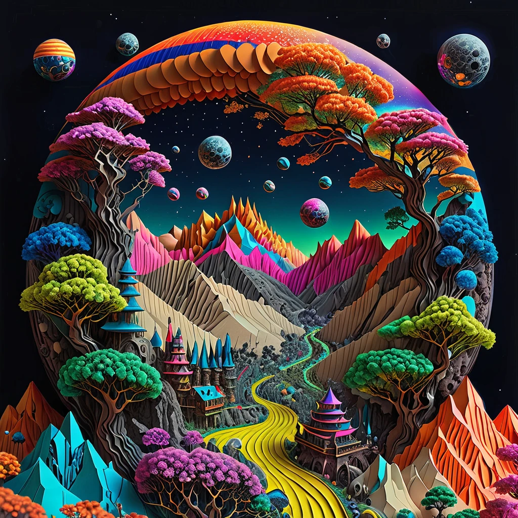 universe,aesthetics of cosmic motifs,art Research,space and the planet in various artistic directions,trees,balls,flashy colors,psychedelic,complex alien planet,colorful,fluo,intricate details,highly detailed,realistic,Mountains,castles,airship,Robot,<lora:é²åä¸æ´¾@æçº¸èºæ¯SDXL:1>Origami art