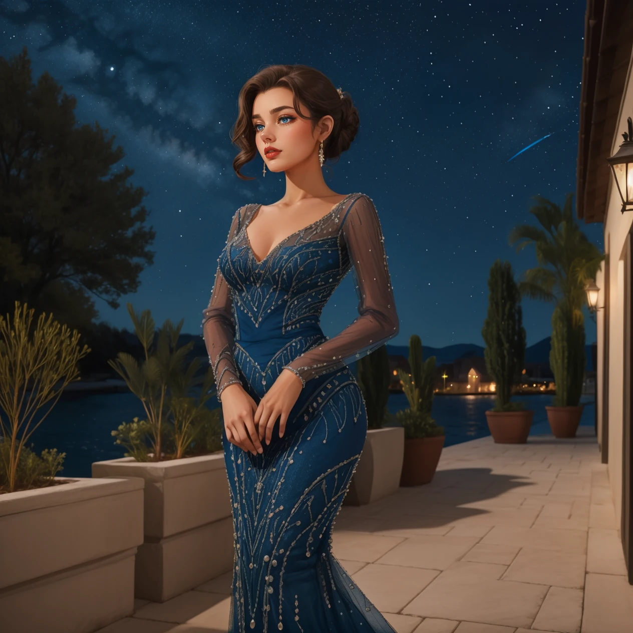 1girl, solo, brown hair updo, lipstick, standing, hud_bl_gwn,  long blue V Neck beaded mermaid dress, see-through, long sleeves, <lora:blue_gown-000008:0.8>, courtyard, night sky