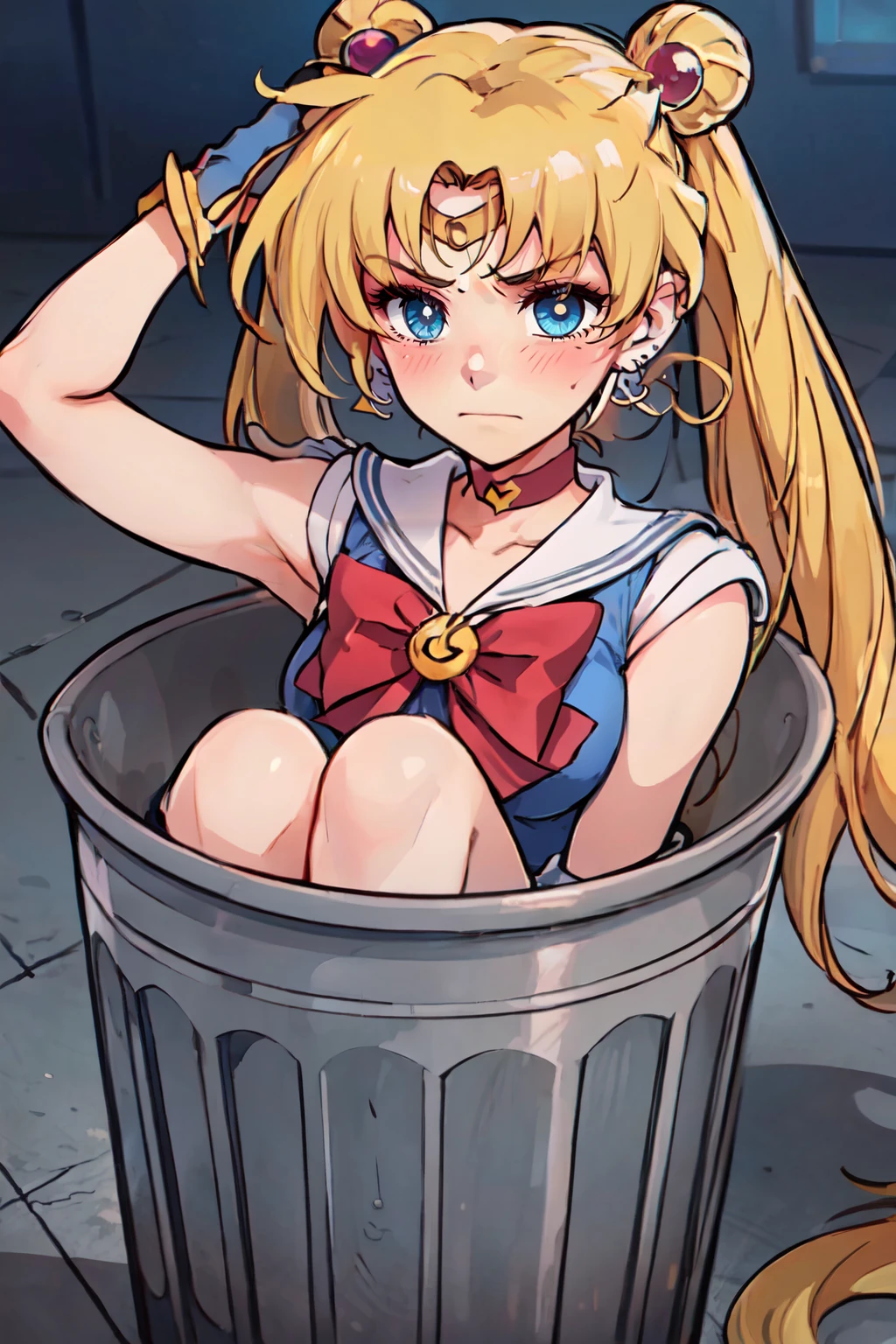 ((masterpiece,best quality)), anime style, <lora:Trash_Waifu:0.8>, Trash Waifu, 1girl, frown, blushing, angry, aausagi, blonde, double bun, twintails, parted bangs, circlet, jewelry, earrings, choker, red bow, white gloves, elbow gloves, <lora:sailor_moon_v1:0.7>