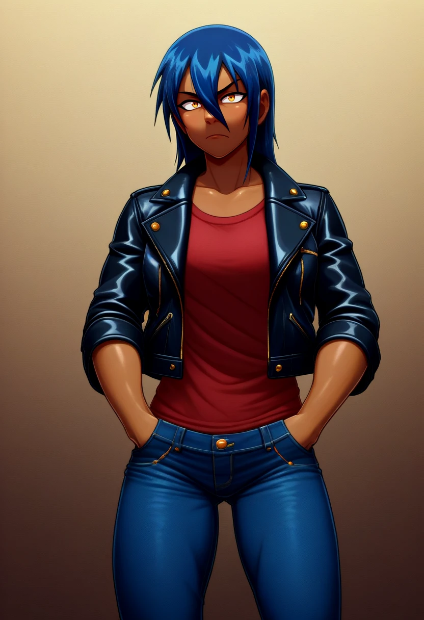 score_9, score_8_up, score_7_up, BREAK <lora:gogobomango-guy-PONYv1:.9>, gogobomango, 1girl, solo, dark skin, dark-skinned female, blue hair, hair between eyes, leather jacket, jeans, toned, hands in pockets,